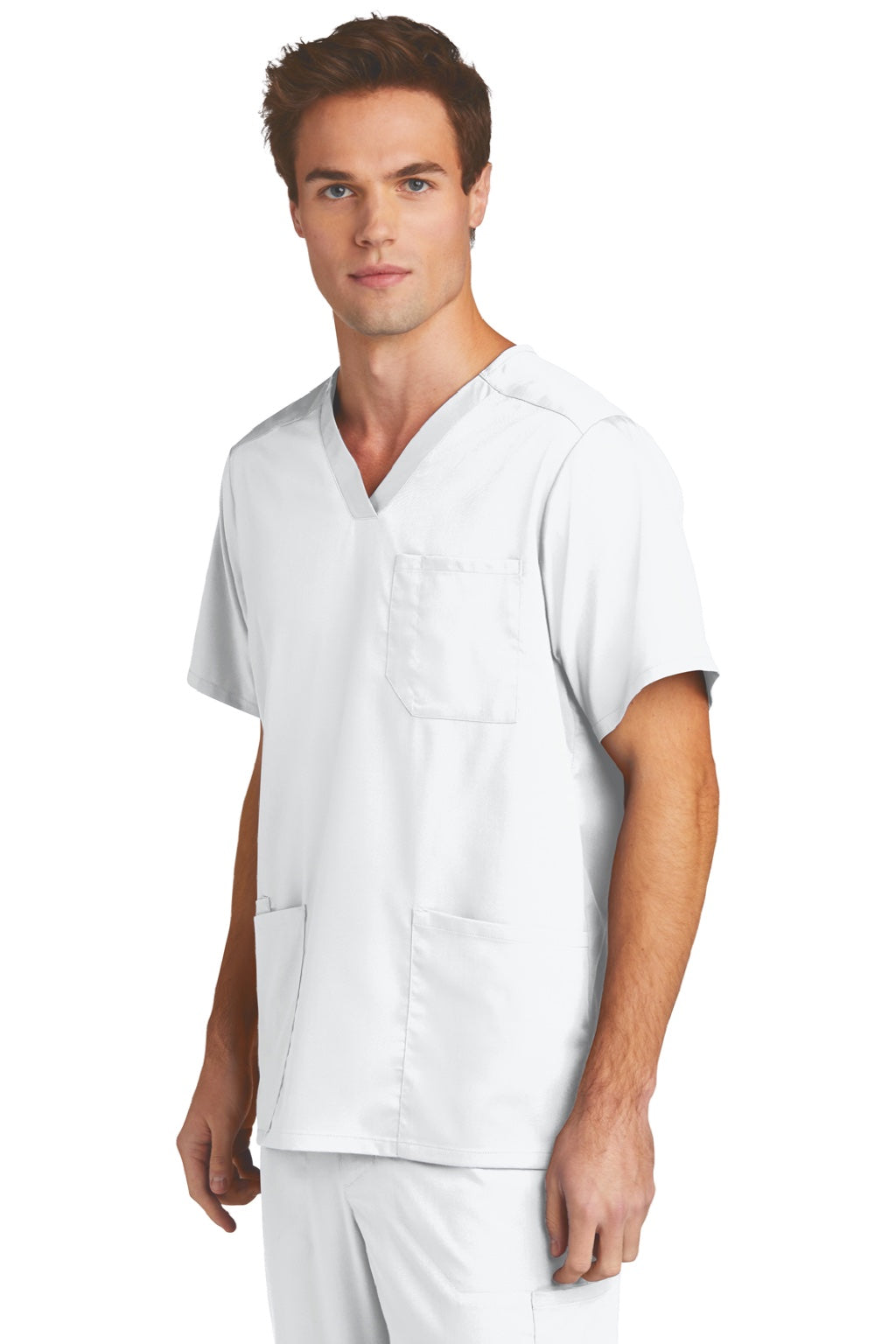 Wonderwink WW5068 Mens Premiere Flex Short Sleeve V-Neck Shirt w/ Pockets White Model 3Q
