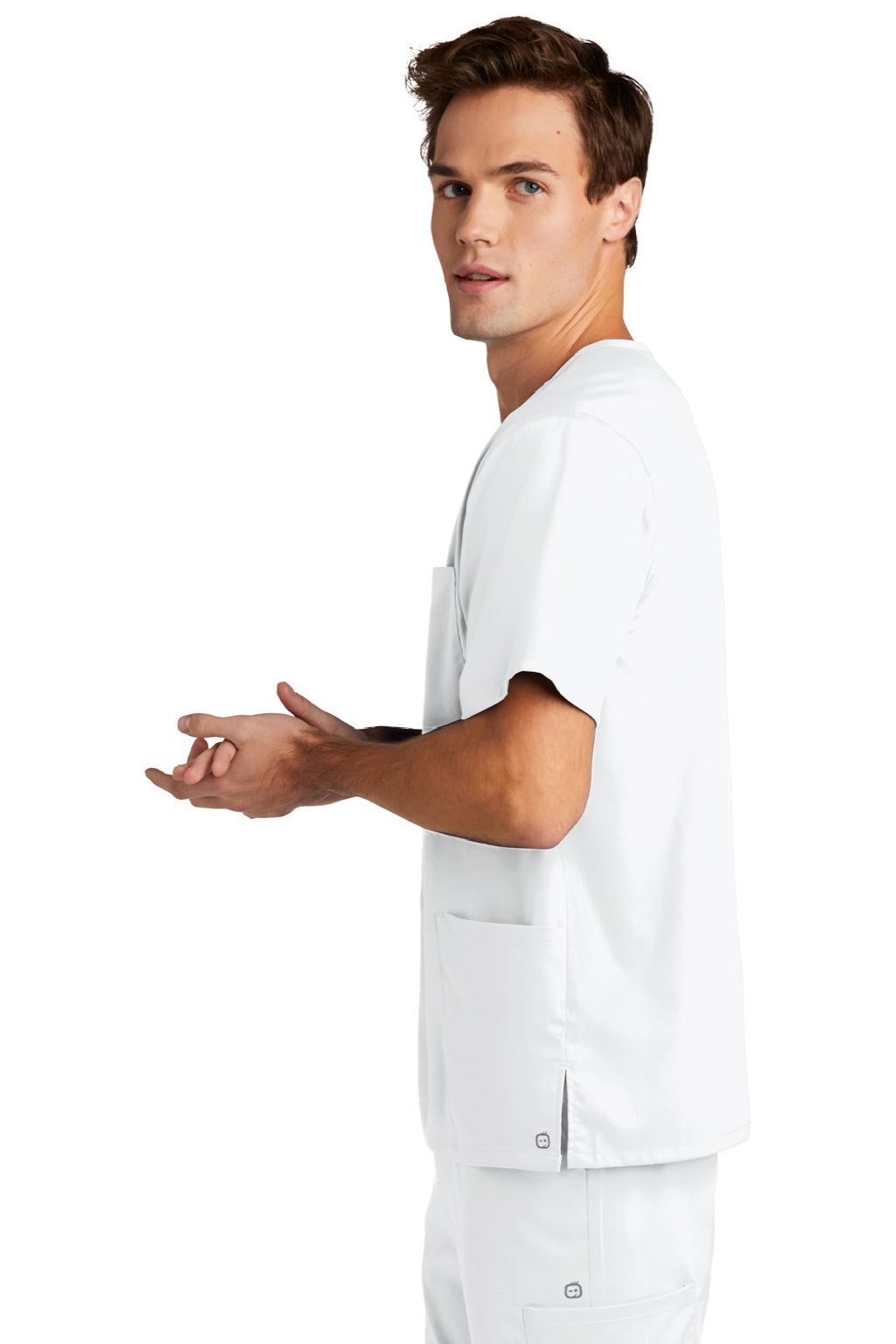 Wonderwink WW5068 Mens Premiere Flex Short Sleeve V-Neck Shirt w/ Pockets White Model Side