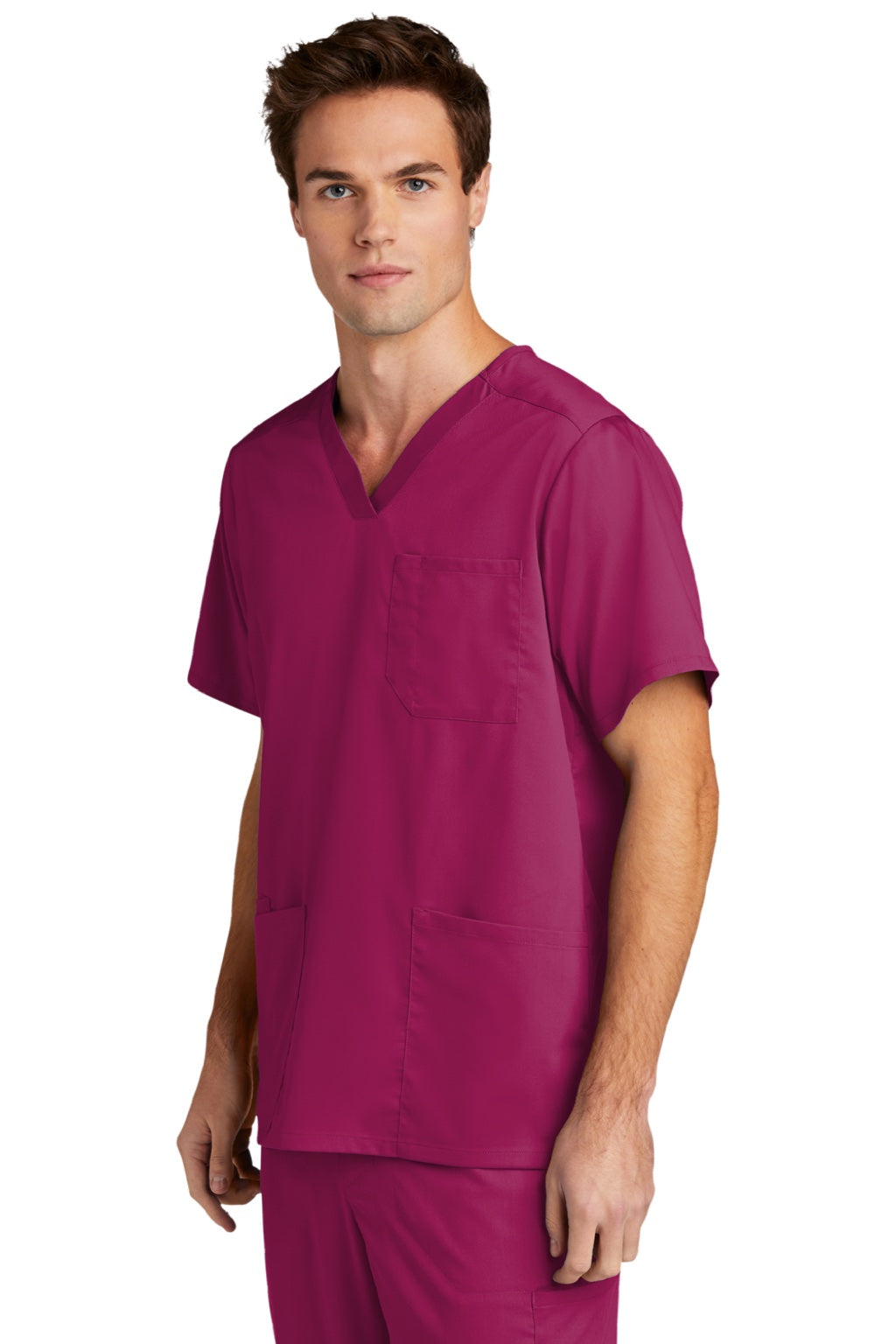 Wonderwink WW5068 Mens Premiere Flex Short Sleeve V-Neck Shirt w/ Pockets Wine Model 3Q