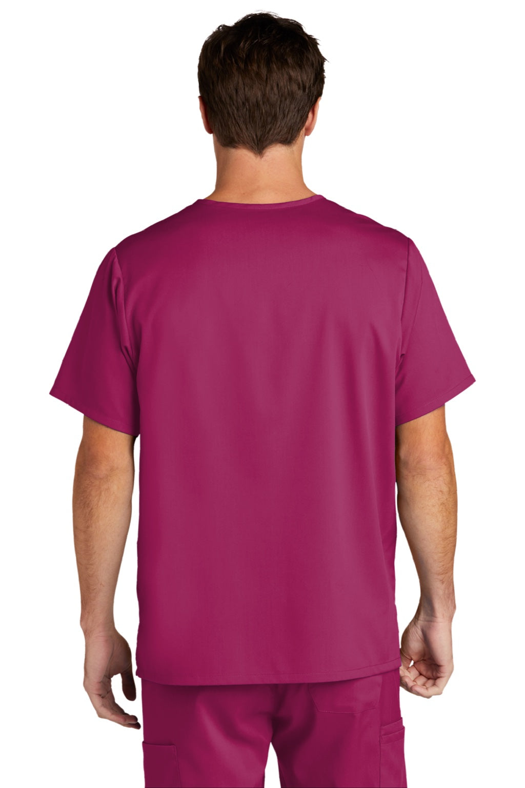 Wonderwink WW5068 Mens Premiere Flex Short Sleeve V-Neck Shirt w/ Pockets Wine Model Back