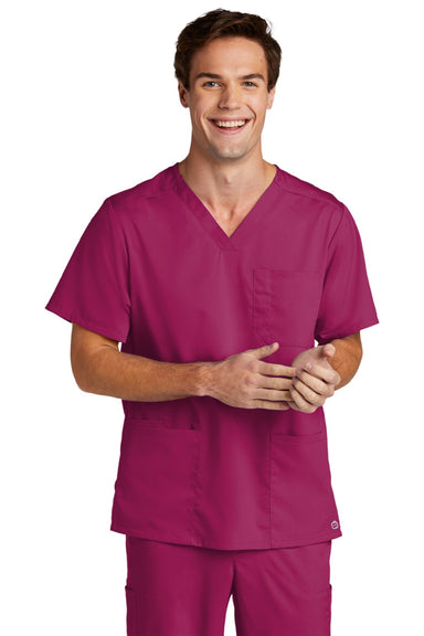 Wonderwink WW5068 Mens Premiere Flex Short Sleeve V-Neck Shirt w/ Pockets Wine Model Front