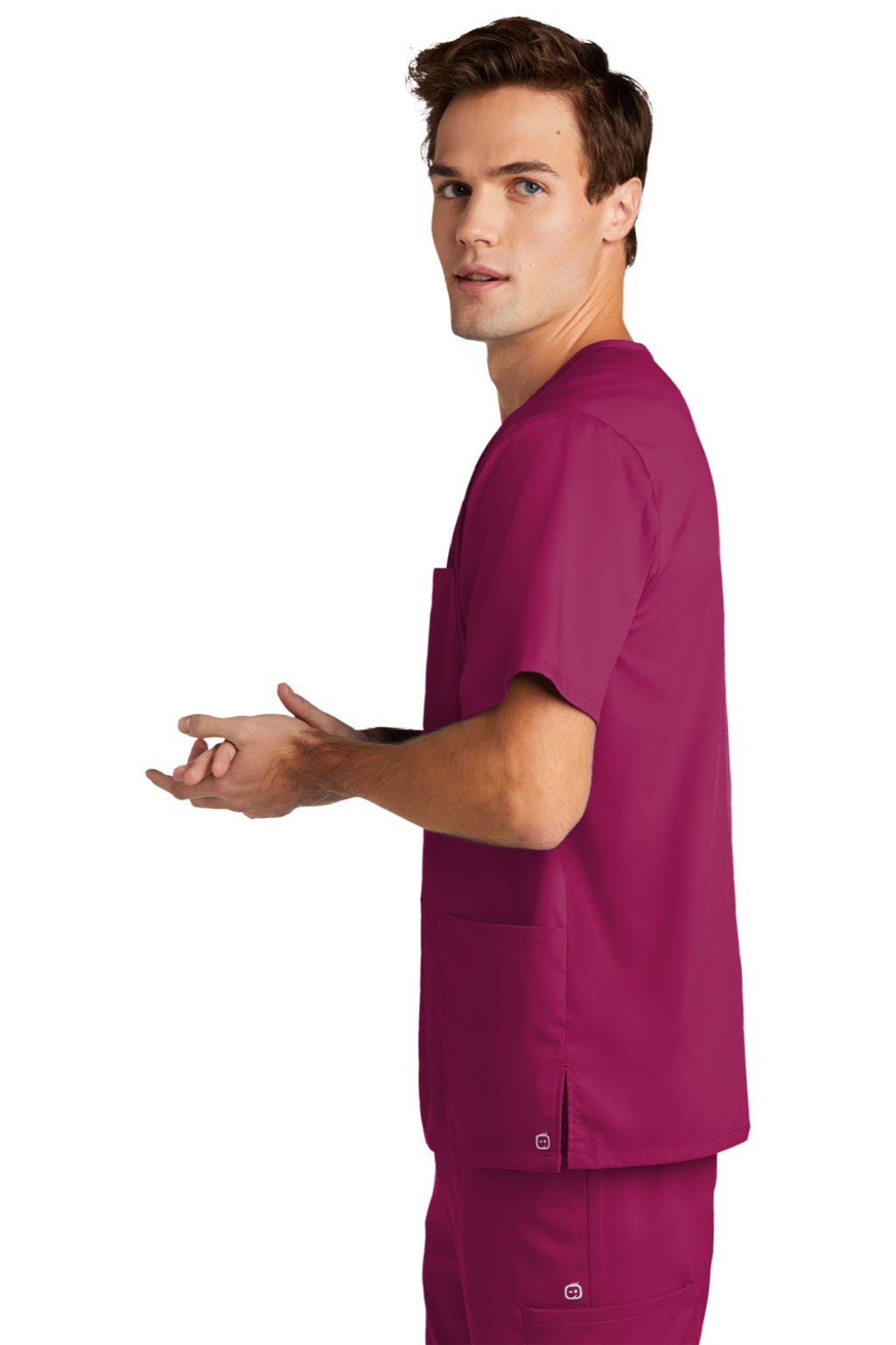 Wonderwink WW5068 Mens Premiere Flex Short Sleeve V-Neck Shirt w/ Pockets Wine Model Side