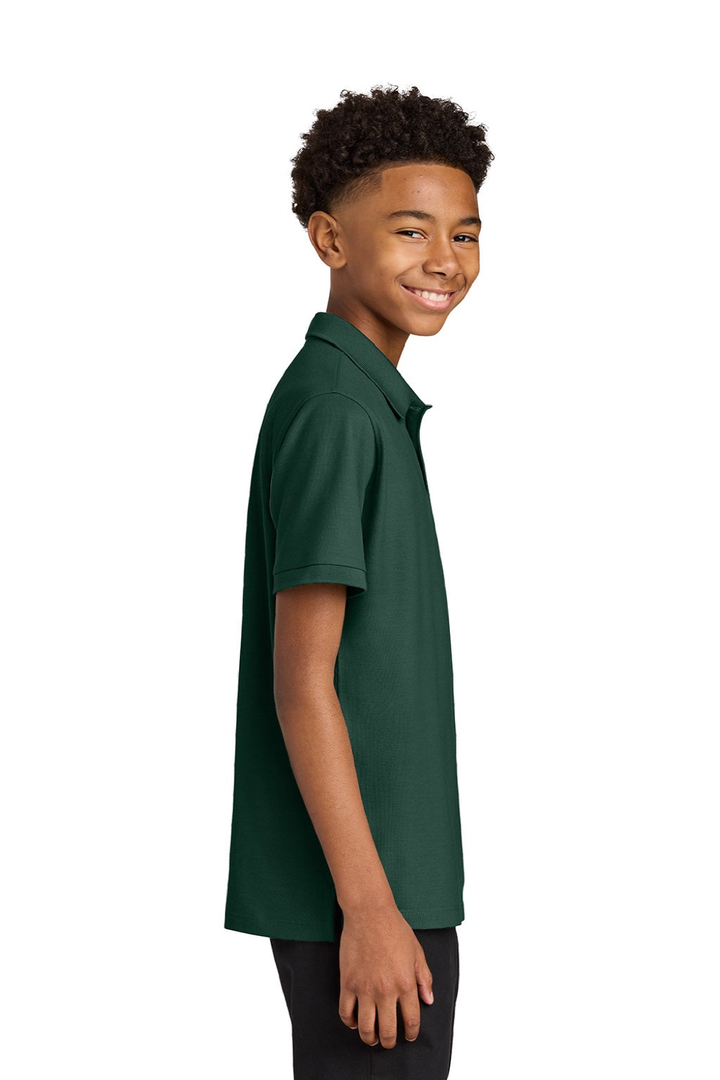 Port Authority Y200 Youth Wearever Signature Pique Short Sleeve Polo Shirt Dark Green Model Side