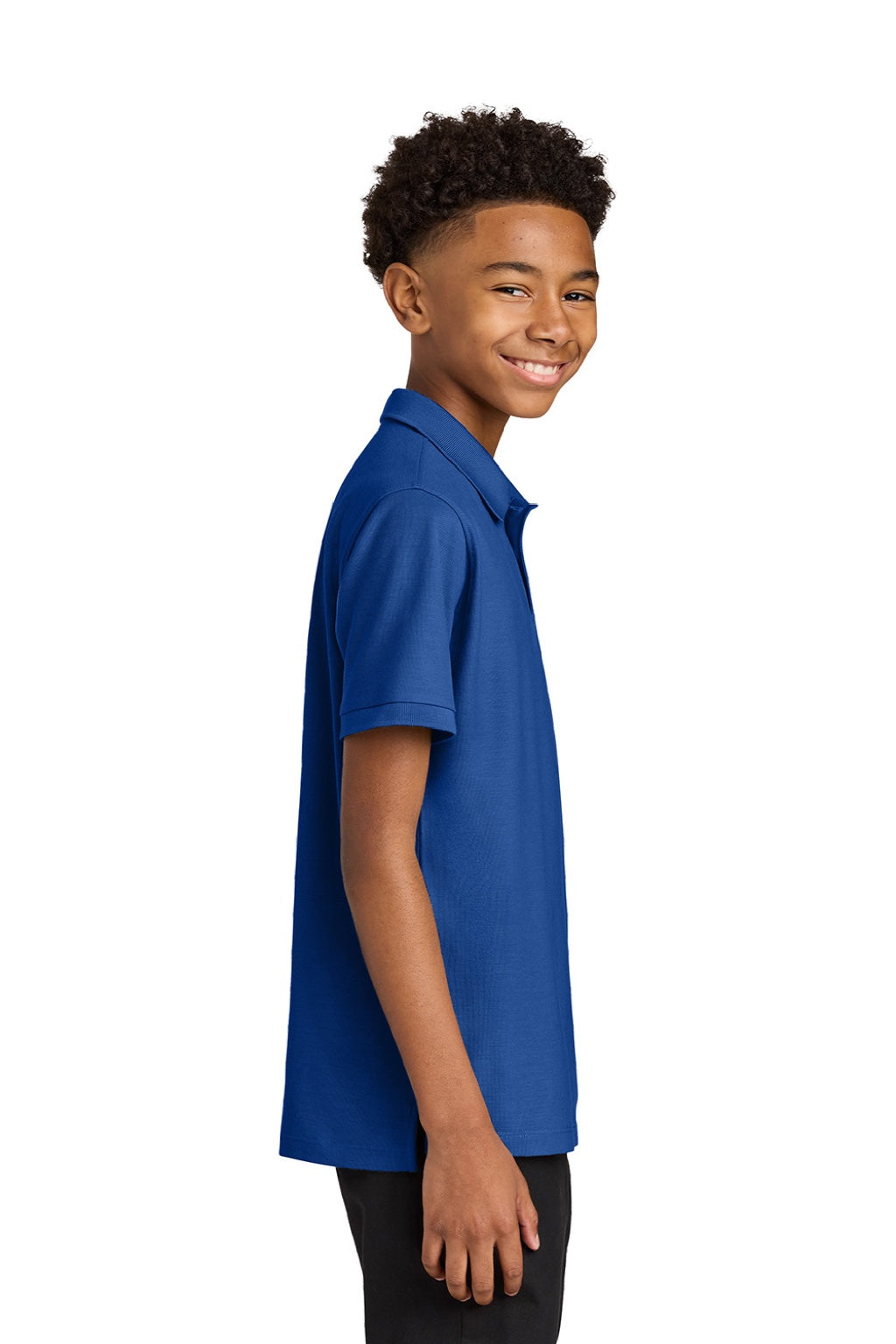 Port Authority Y200 Youth Wearever Signature Pique Short Sleeve Polo Shirt True Royal Blue Model Side