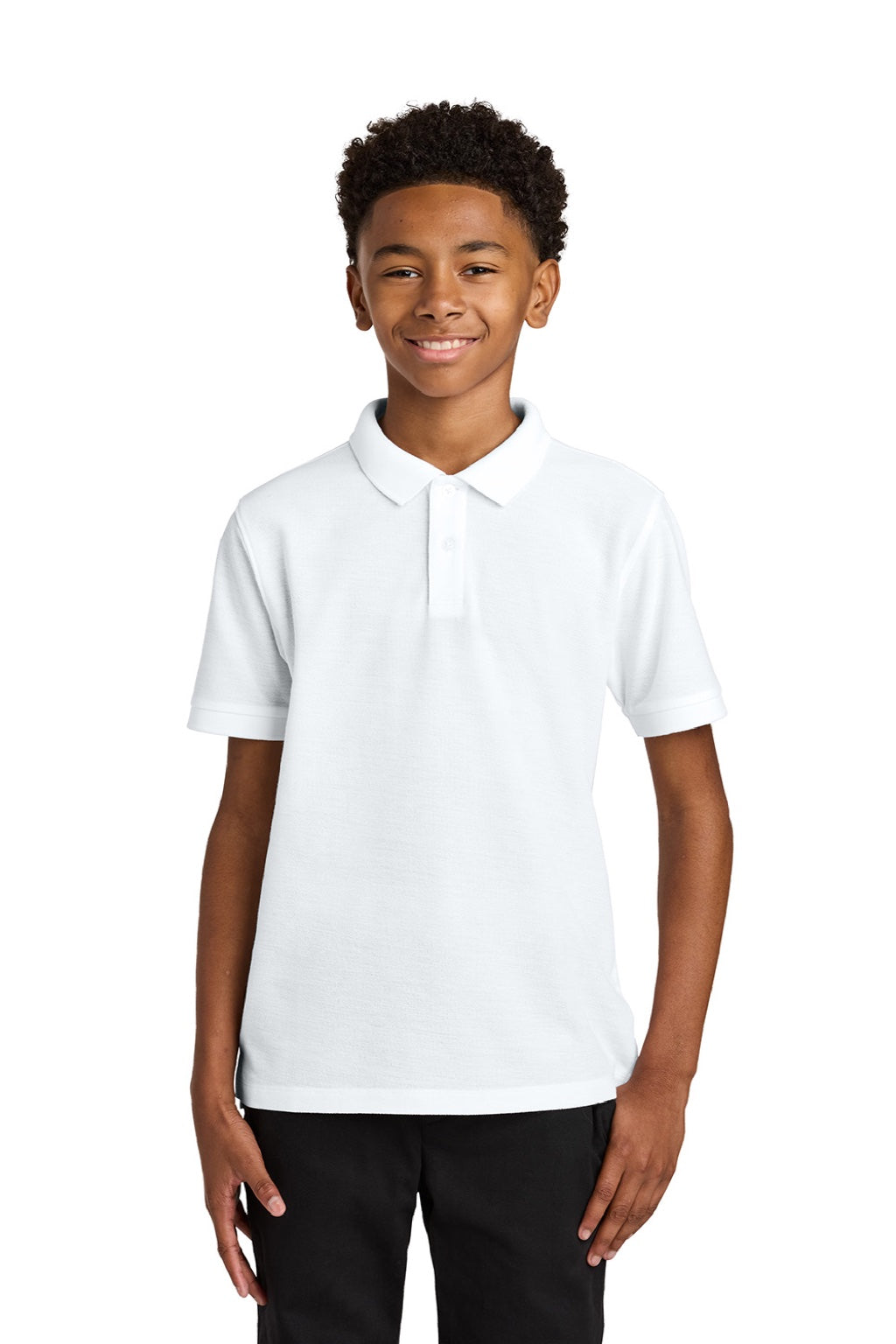 Port Authority Y200 Youth Wearever Signature Pique Short Sleeve Polo Shirt White Model Front