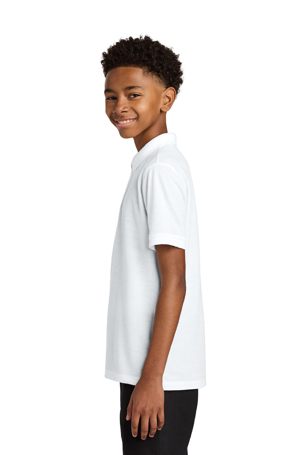 Port Authority Y200 Youth Wearever Signature Pique Short Sleeve Polo Shirt White Model Side