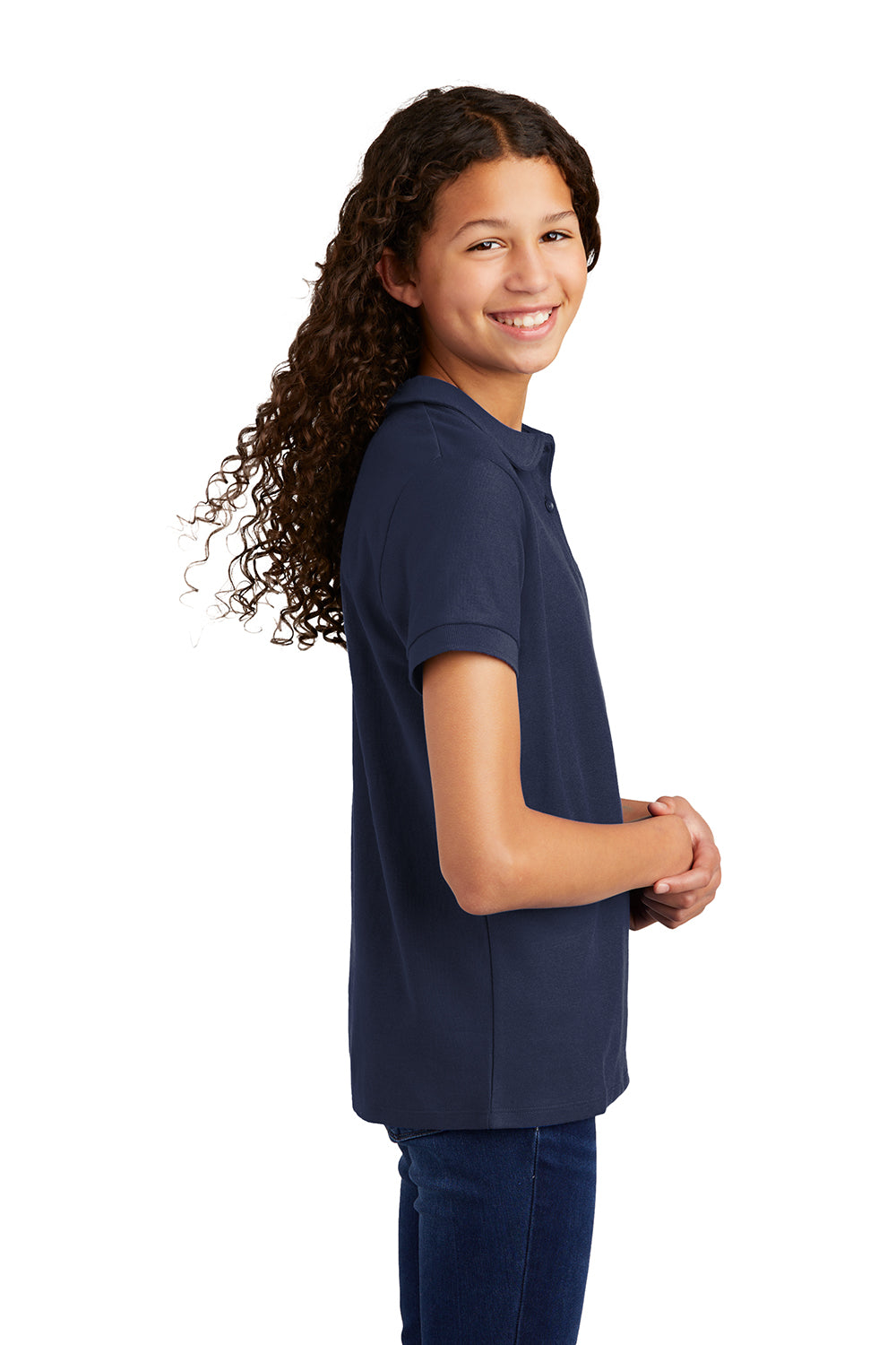 Port Authority YG503 Youth Silk Touch Wrinkle Resistant Short Sleeve Polo Shirt Navy Blue Model Side