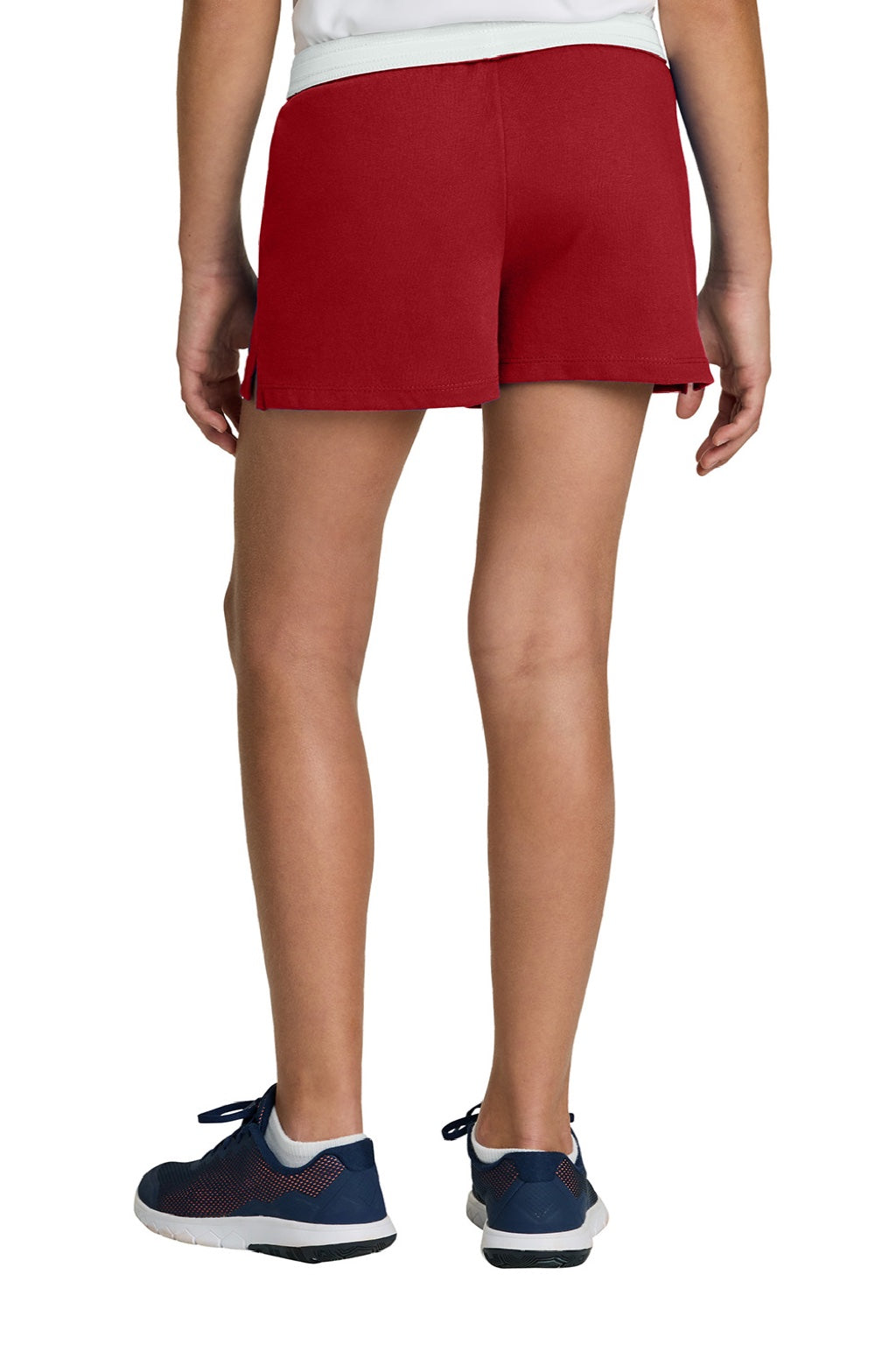 Sport-Tek YGST311 Youth Girls Jersey Knit Squad Shorts Deep Red Model Back