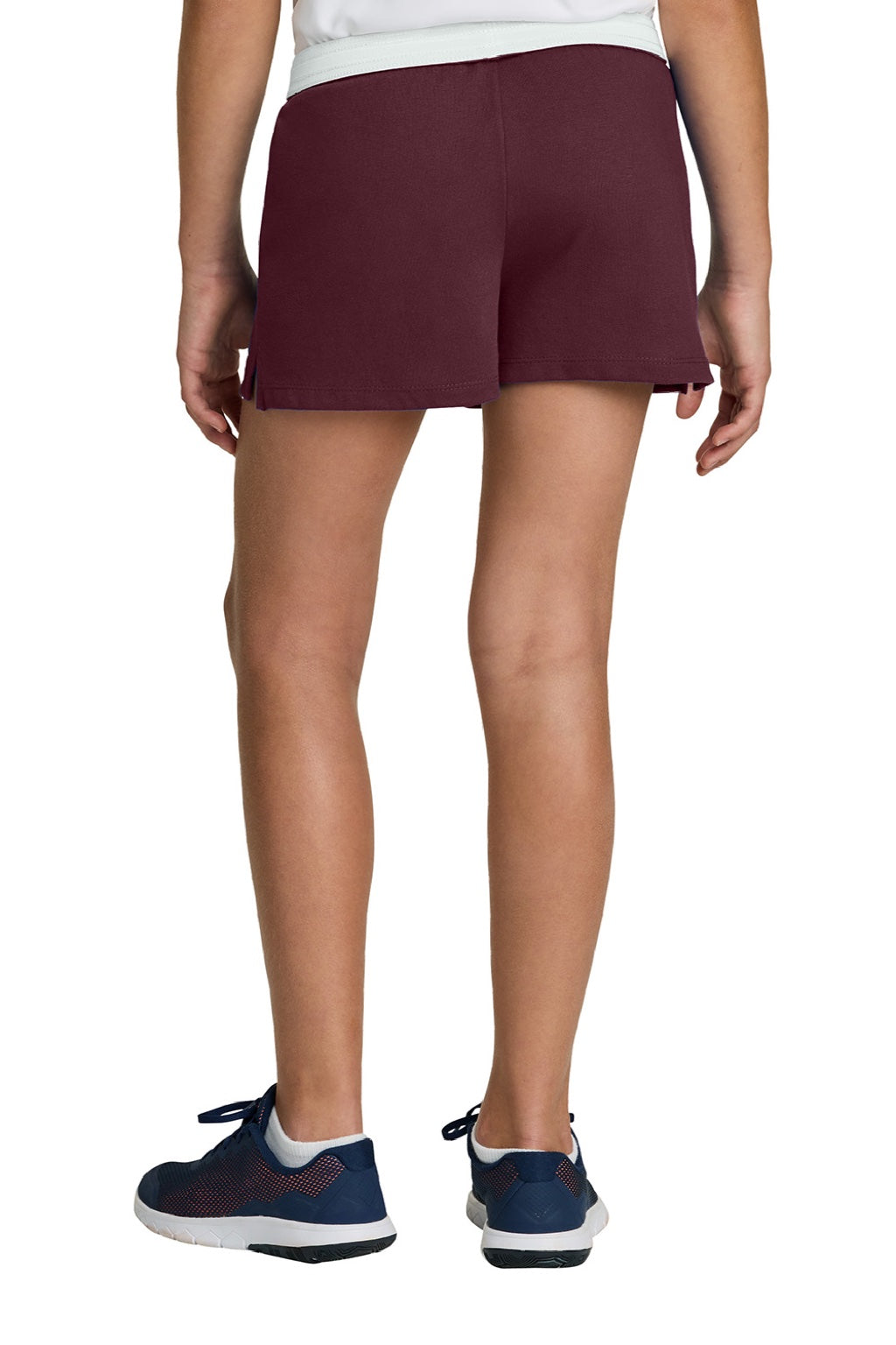Sport-Tek YGST311 Youth Girls Jersey Knit Squad Shorts Maroon Model Back
