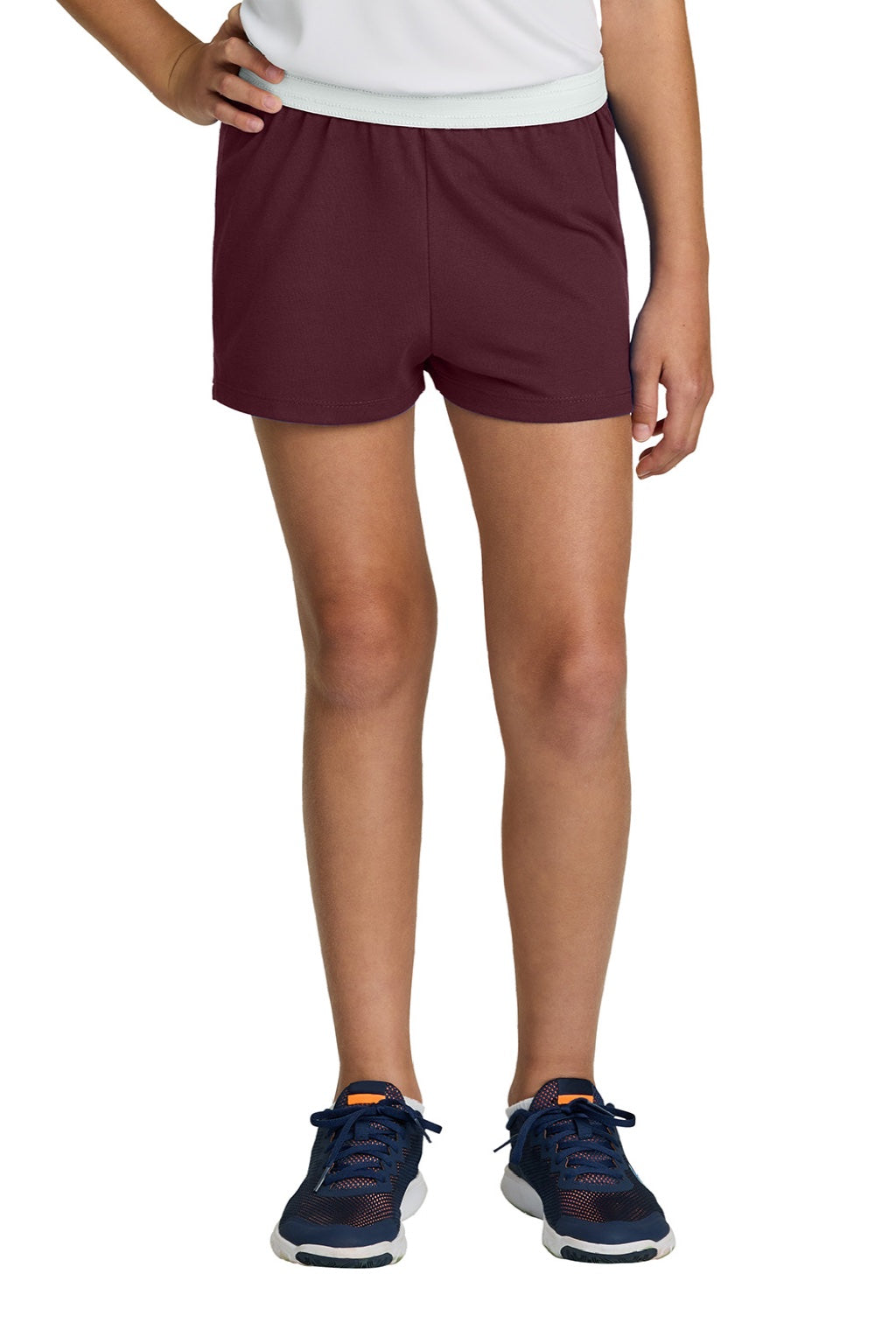 Sport-Tek YGST311 Youth Girls Jersey Knit Squad Shorts Maroon Model Front