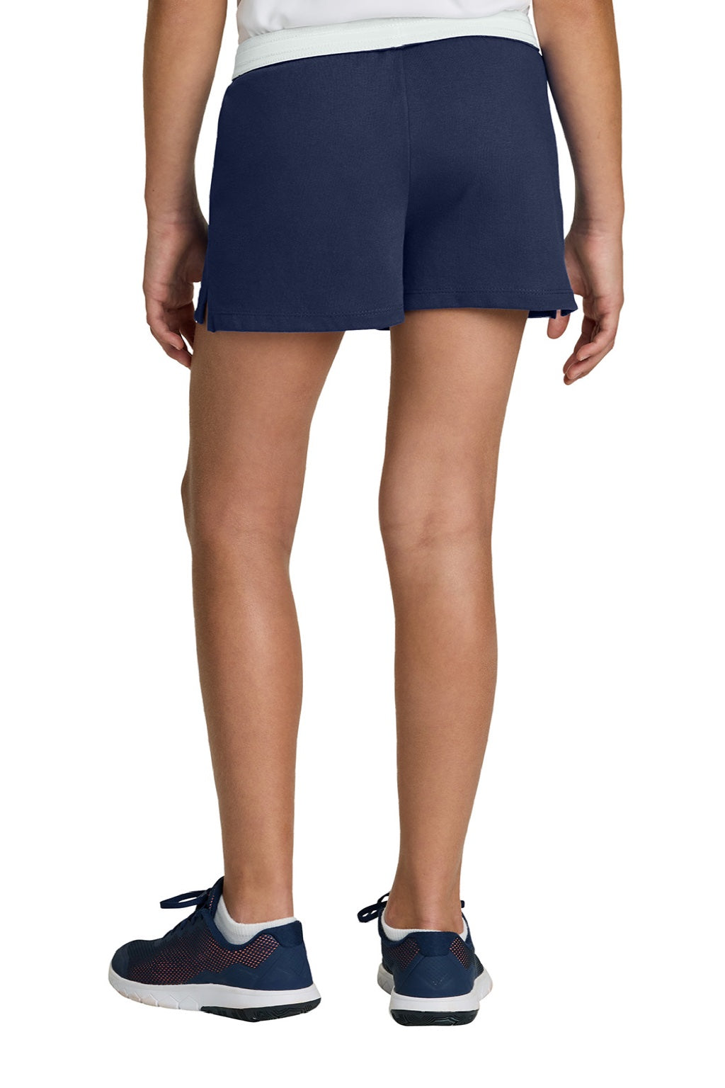 Sport-Tek YGST311 Youth Girls Jersey Knit Squad Shorts True Navy Blue Model Back