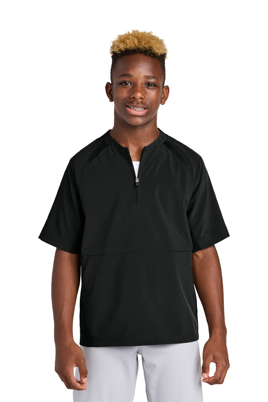 Sport-Tek YJST489 Youth Repeat Moisture Wicking 1/4 Zip Short Sleeve Jacket Black Model Front