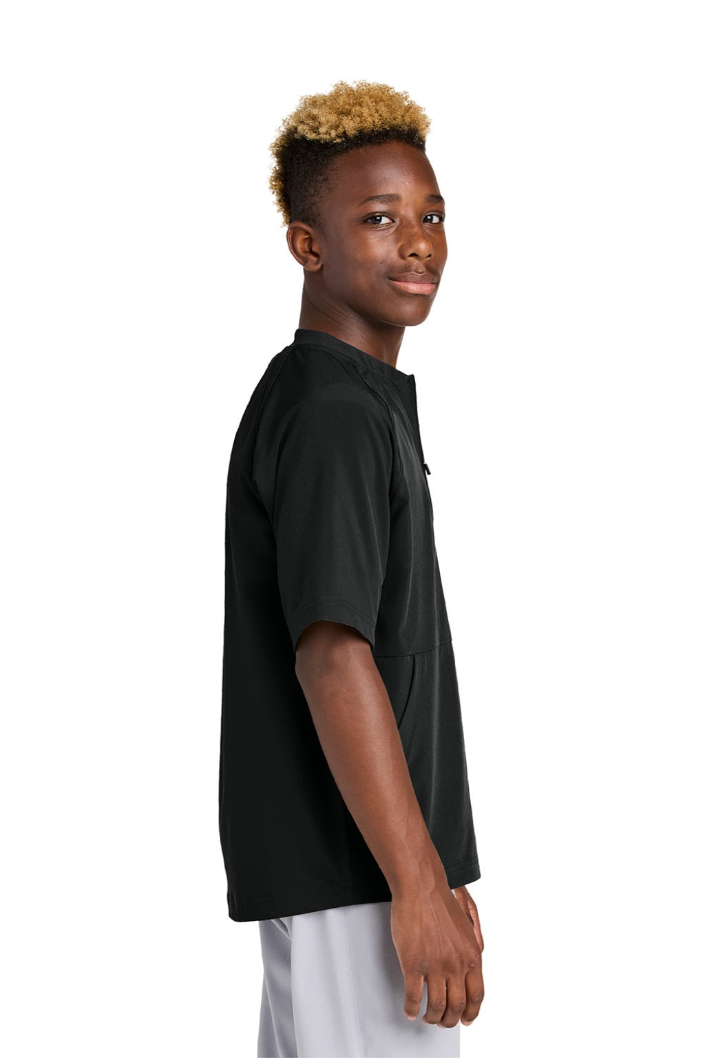 Sport-Tek YJST489 Youth Repeat Moisture Wicking 1/4 Zip Short Sleeve Jacket Black Model Side