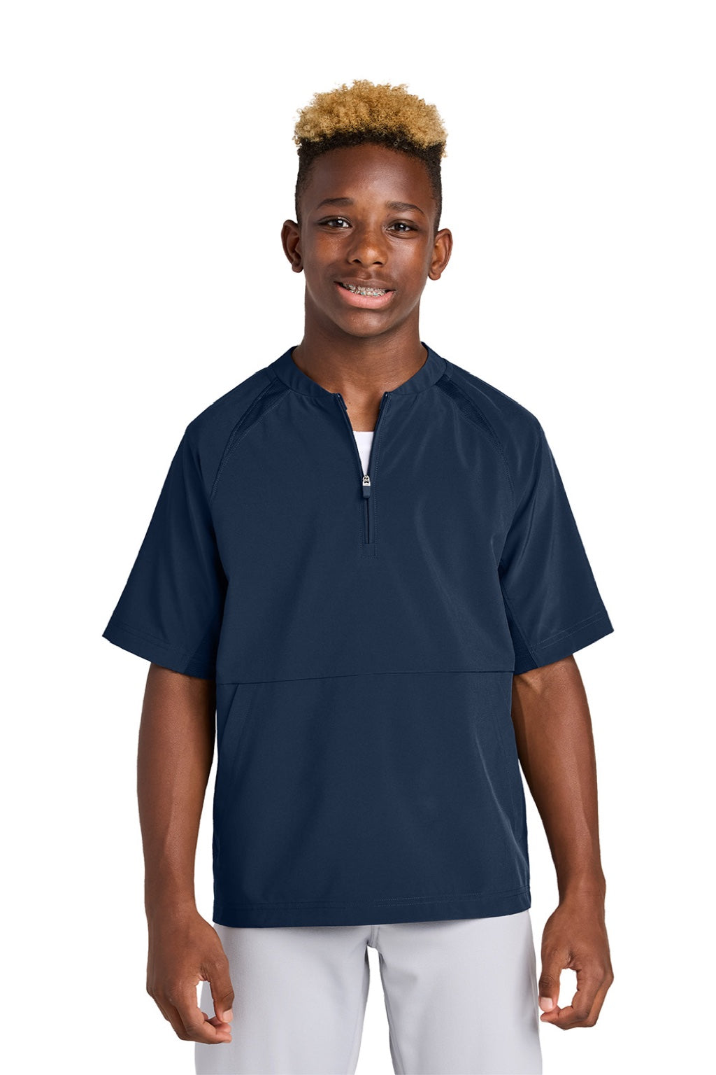 Sport-Tek YJST489 Youth Repeat Moisture Wicking 1/4 Zip Short Sleeve Jacket True Navy Blue Model Front