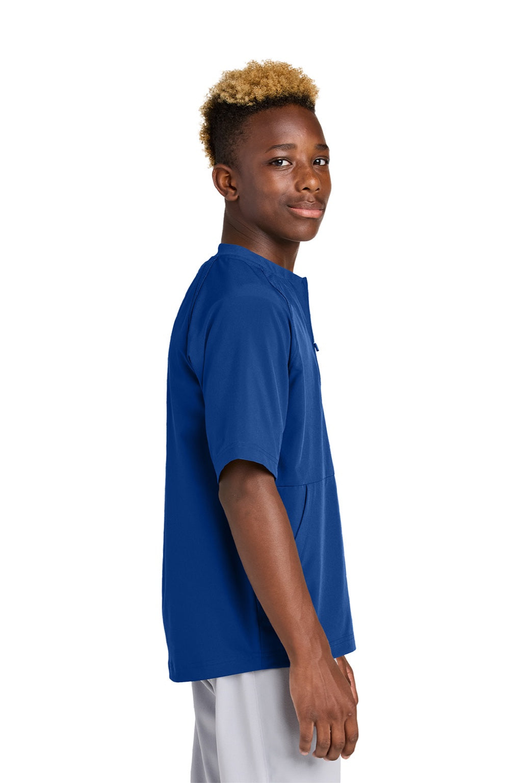 Sport-Tek YJST489 Youth Repeat Moisture Wicking 1/4 Zip Short Sleeve Jacket True Royal Blue Model Side