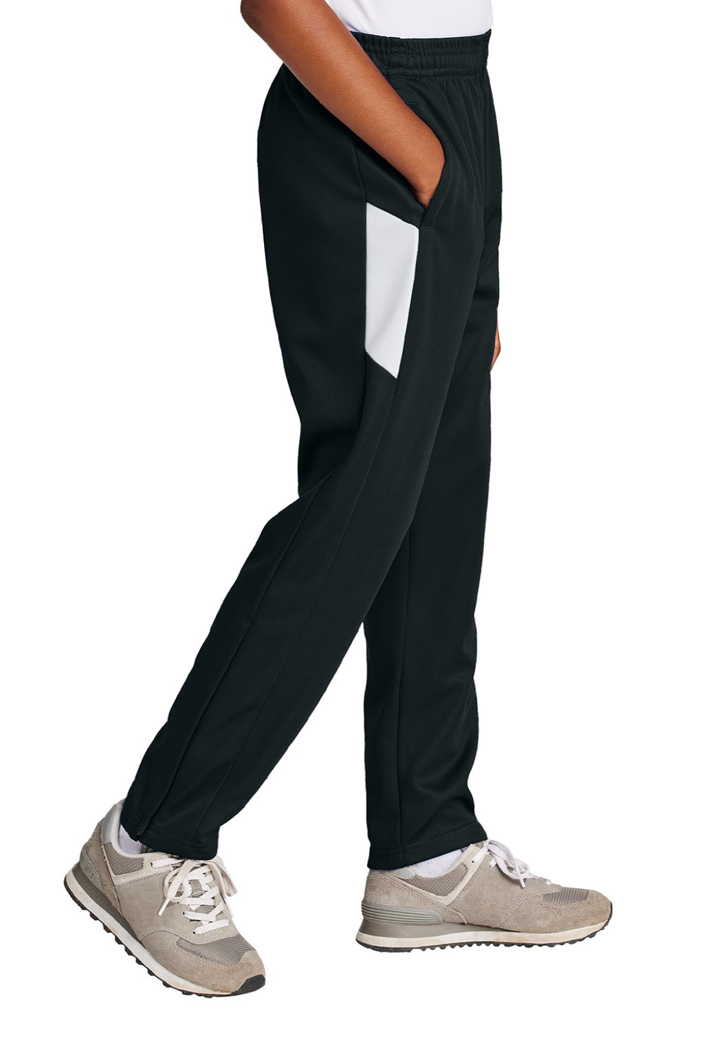 Sport-Tek YPST800 Youth Moisure Wicking Travel Pants w/ Pockets Black/White Model Side