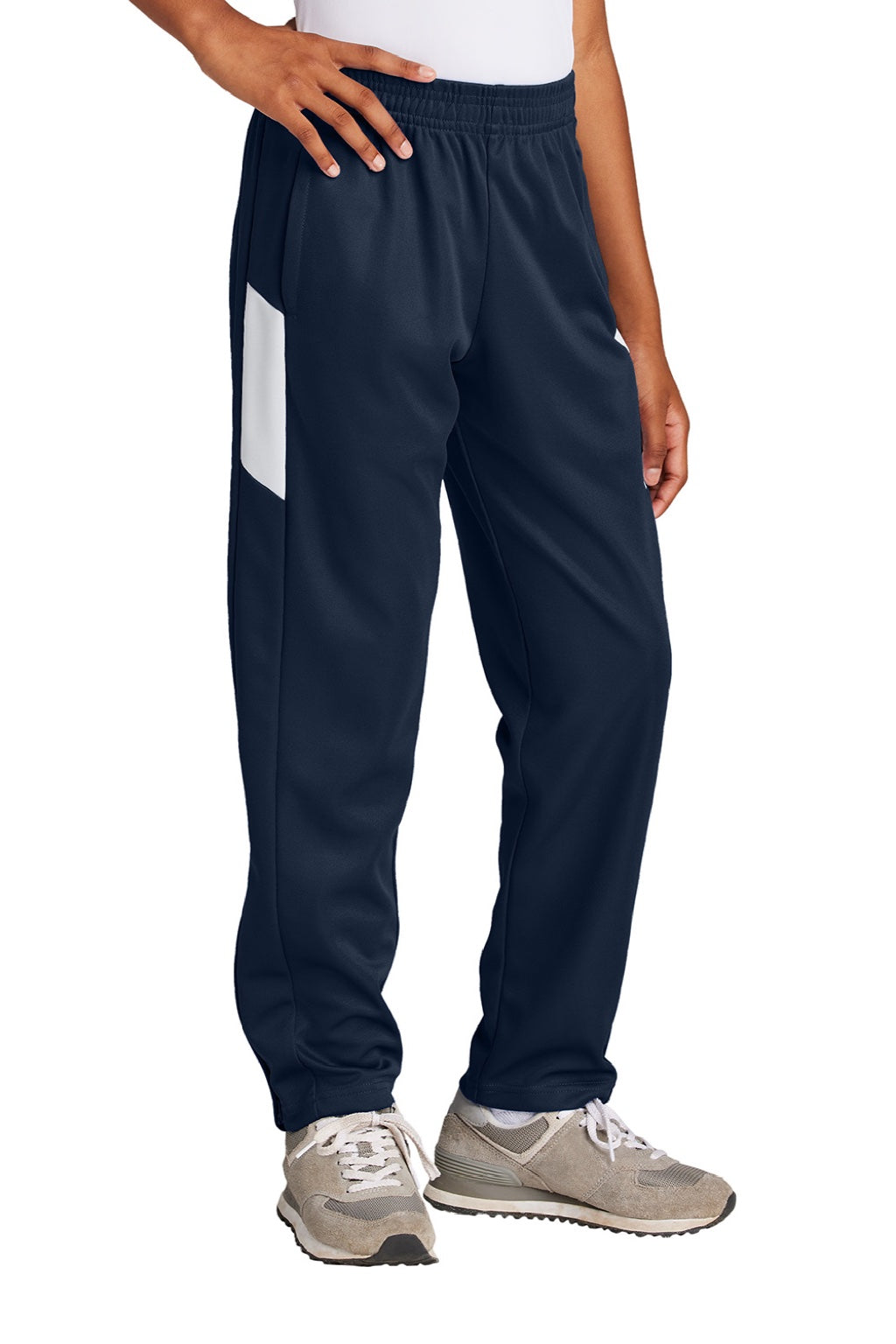 Sport-Tek YPST800 Youth Moisure Wicking Travel Pants w/ Pockets True Navy Blue/White Model Front
