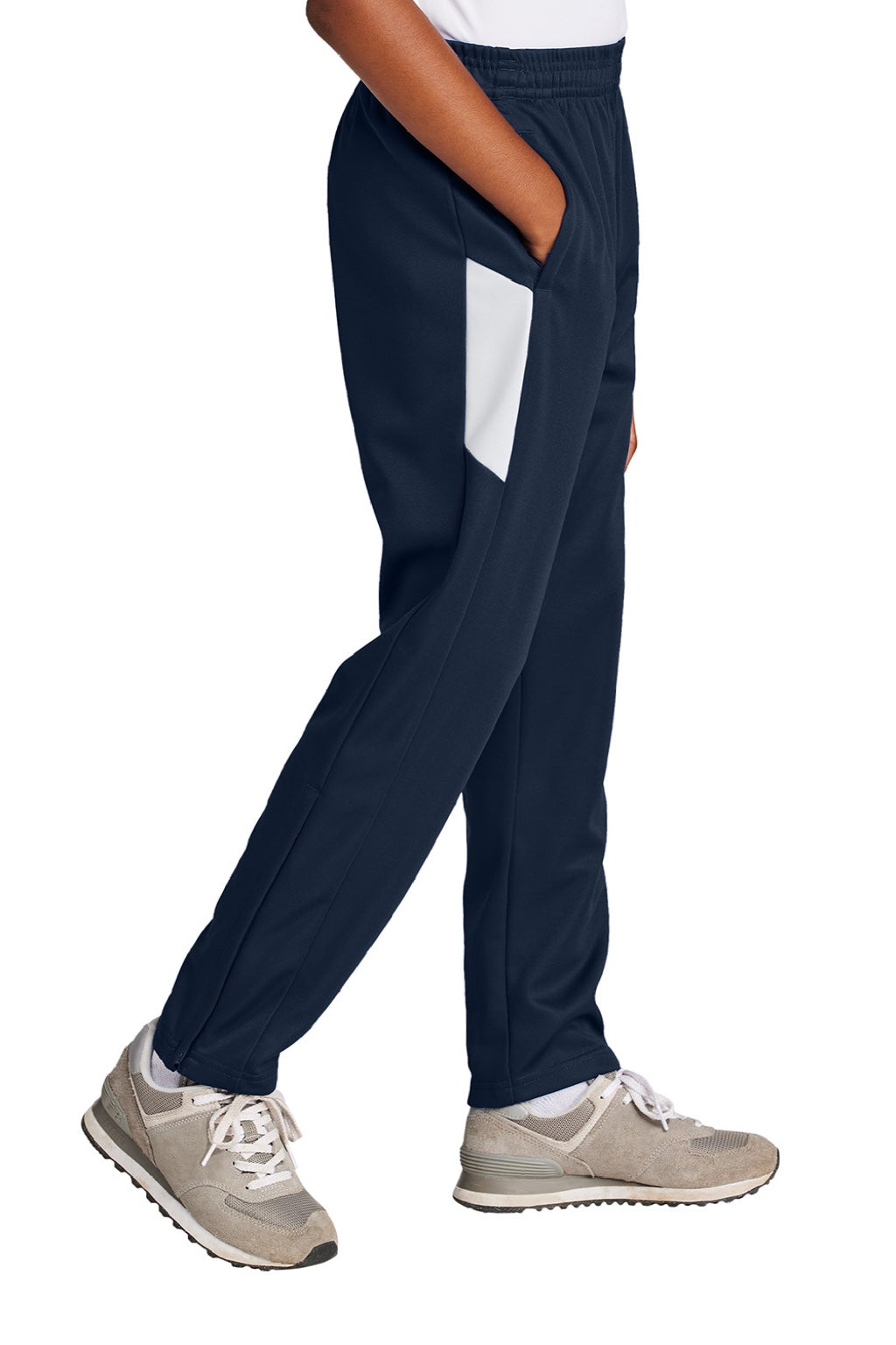 Sport-Tek YPST800 Youth Moisure Wicking Travel Pants w/ Pockets True Navy Blue/White Model Side