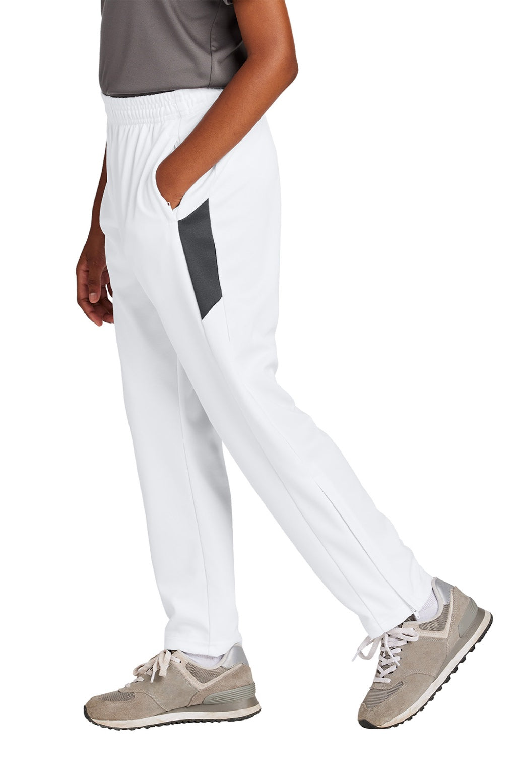 Sport-Tek YPST800 Youth Moisure Wicking Travel Pants w/ Pockets White/Iron Grey Model Side