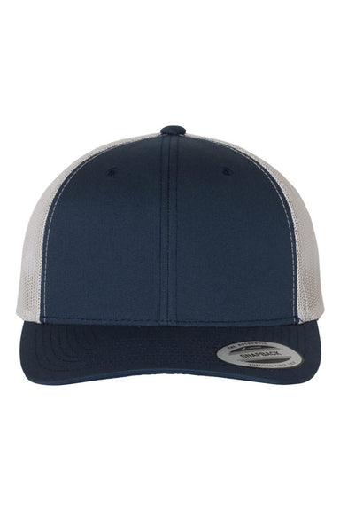Yupoong Hats 6606 Mens Retro Snapback Trucker Hat Navy Blue/Silver Grey Flat Front