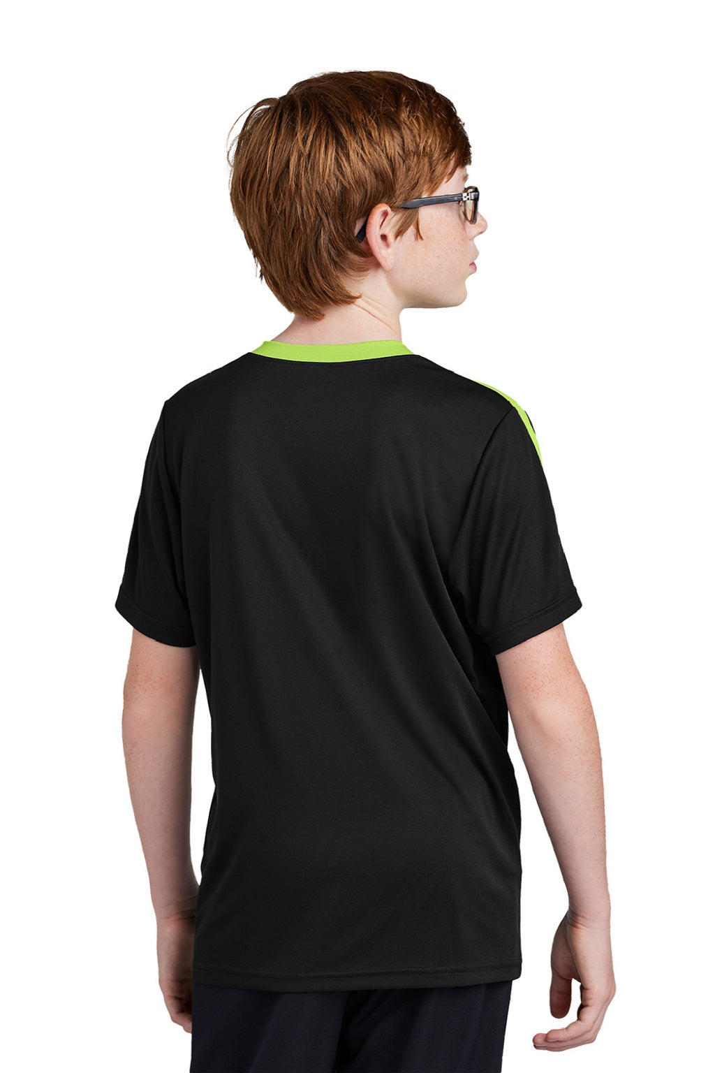 Sport-Tek YST100 Youth Moisture Wicking Competitor United Short Sleeve Crewneck T-Shirt Black/Lime Shock Green Model Back