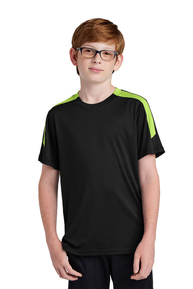 Sport-Tek YST100 Youth Moisture Wicking Competitor United Short Sleeve Crewneck T-Shirt Black/Lime Shock Green Model Front