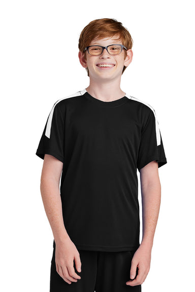 Sport-Tek YST100 Youth Moisture Wicking Competitor United Short Sleeve Crewneck T-Shirt Black/White Model Front