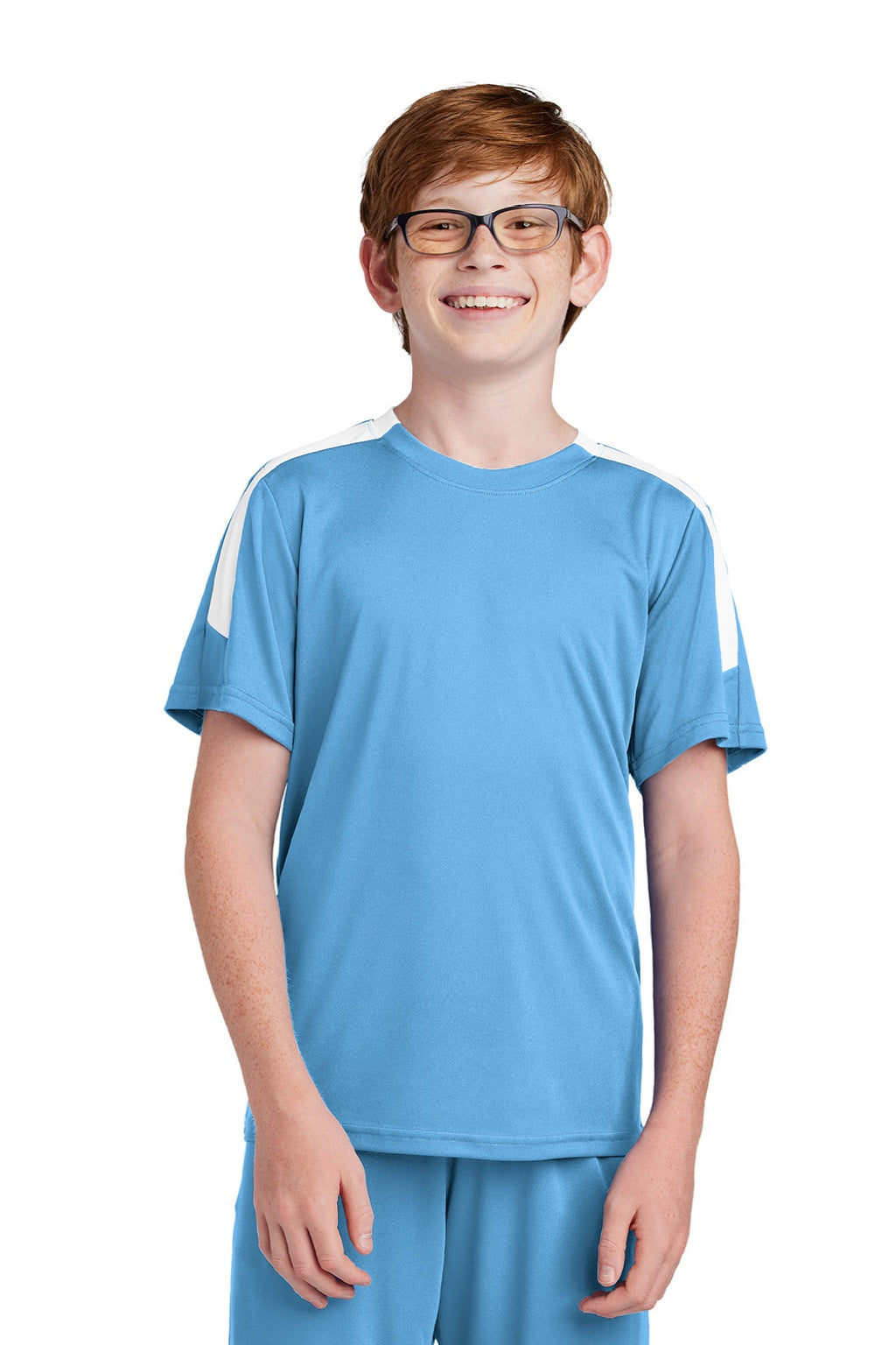 Sport-Tek YST100 Youth Moisture Wicking Competitor United Short Sleeve Crewneck T-Shirt Carolina Blue/White Model Front