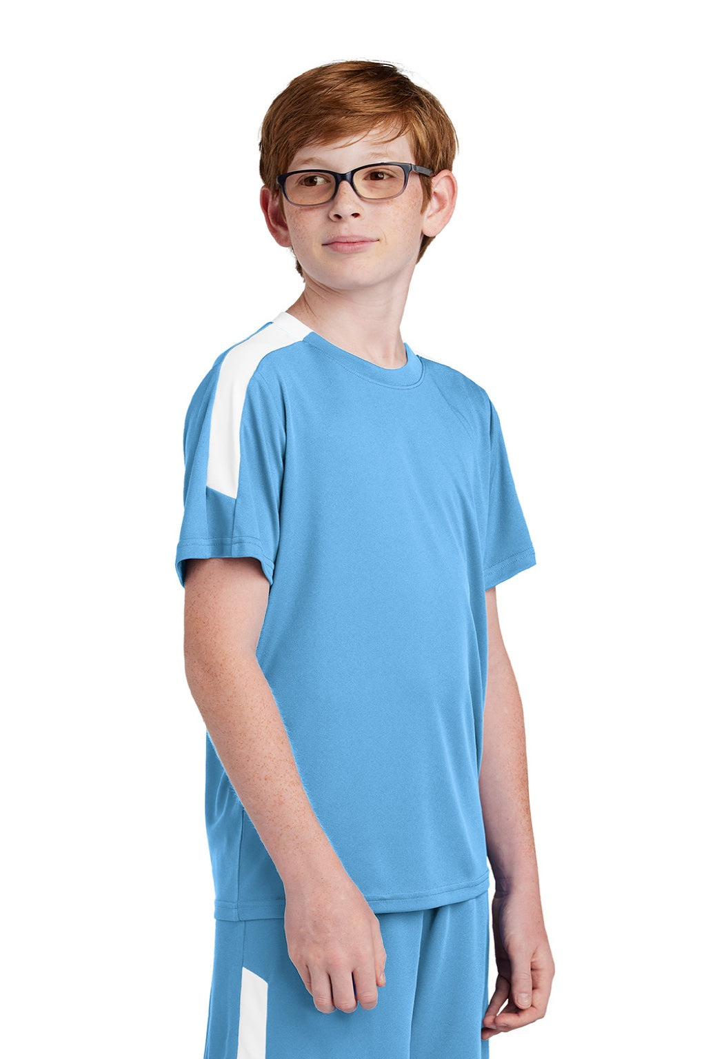 Sport-Tek YST100 Youth Moisture Wicking Competitor United Short Sleeve Crewneck T-Shirt Carolina Blue/White Model Side