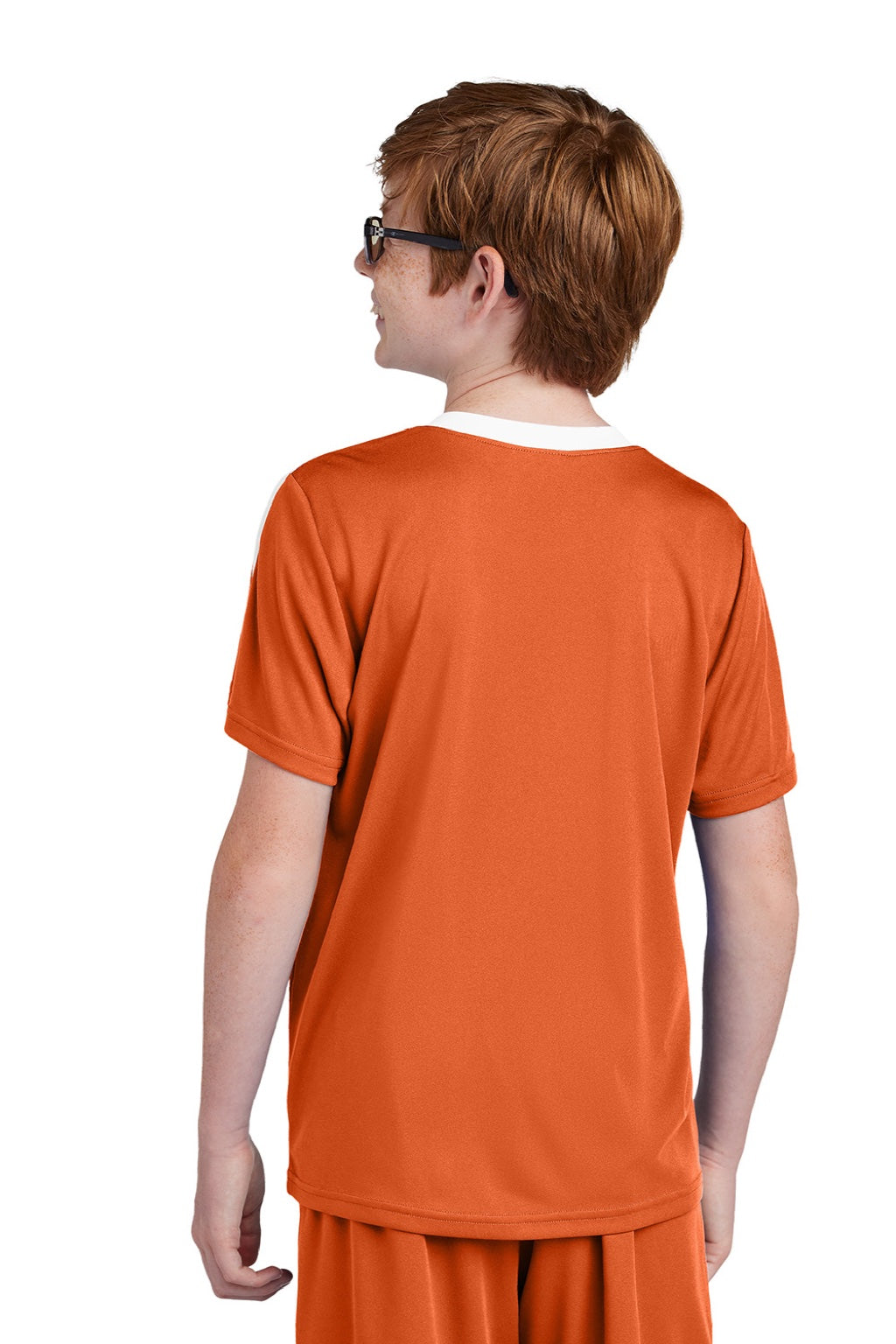 Sport-Tek YST100 Youth Moisture Wicking Competitor United Short Sleeve Crewneck T-Shirt Deep Orange/White Model Back