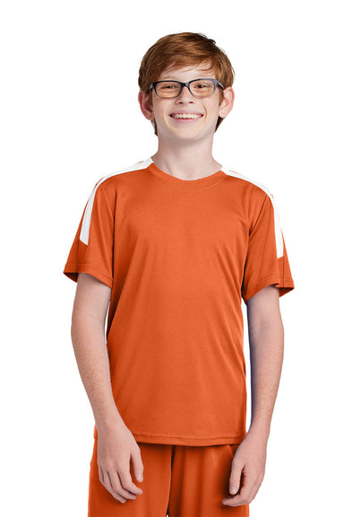 Sport-Tek YST100 Youth Moisture Wicking Competitor United Short Sleeve Crewneck T-Shirt Deep Orange/White Model Front