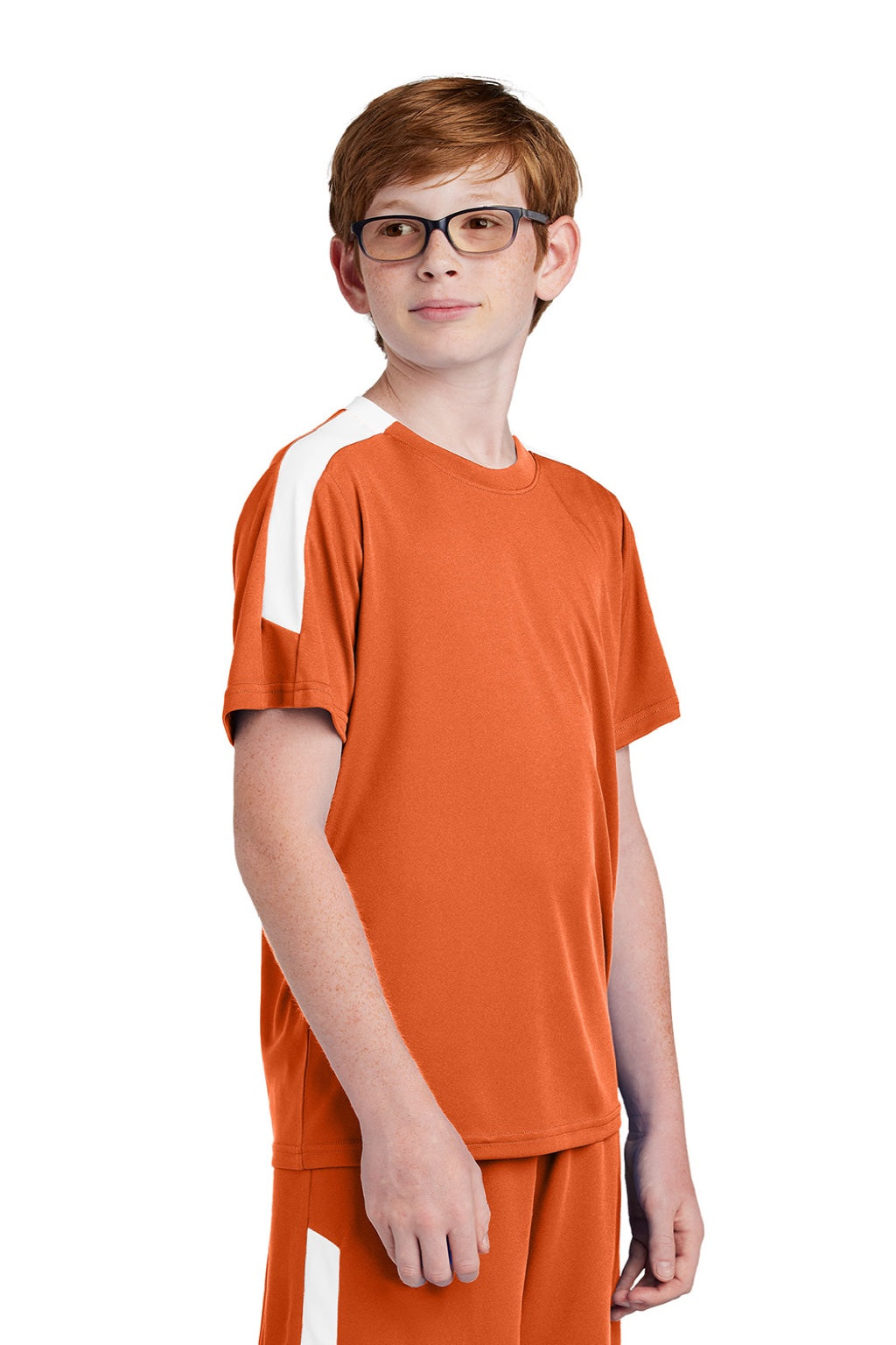 Sport-Tek YST100 Youth Moisture Wicking Competitor United Short Sleeve Crewneck T-Shirt Deep Orange/White Model Side