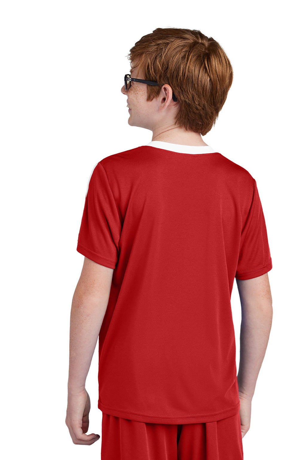 Sport-Tek YST100 Youth Moisture Wicking Competitor United Short Sleeve Crewneck T-Shirt Deep Red/White Model Back