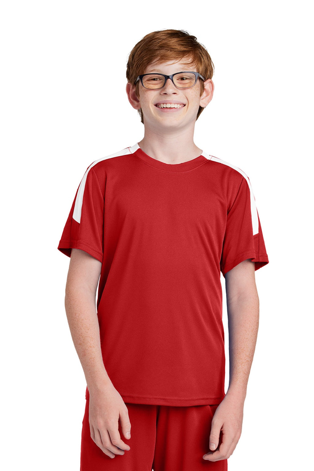 Sport-Tek YST100 Youth Moisture Wicking Competitor United Short Sleeve Crewneck T-Shirt Deep Red/White Model Front