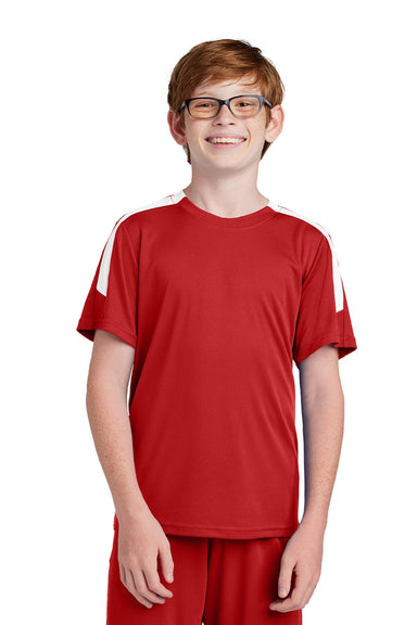 Sport-Tek YST100 Youth Moisture Wicking Competitor United Short Sleeve Crewneck T-Shirt Deep Red/White Model Front