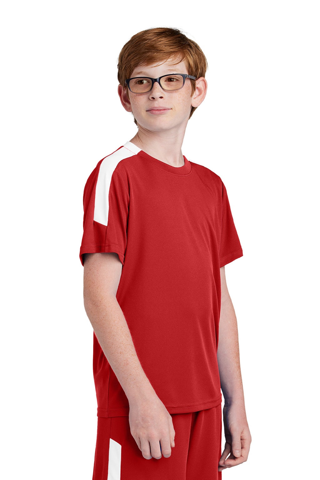 Sport-Tek YST100 Youth Moisture Wicking Competitor United Short Sleeve Crewneck T-Shirt Deep Red/White Model Side