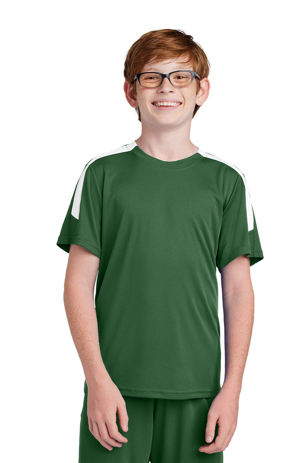 Sport-Tek YST100 Youth Moisture Wicking Competitor United Short Sleeve Crewneck T-Shirt Forest Green/White Model Front