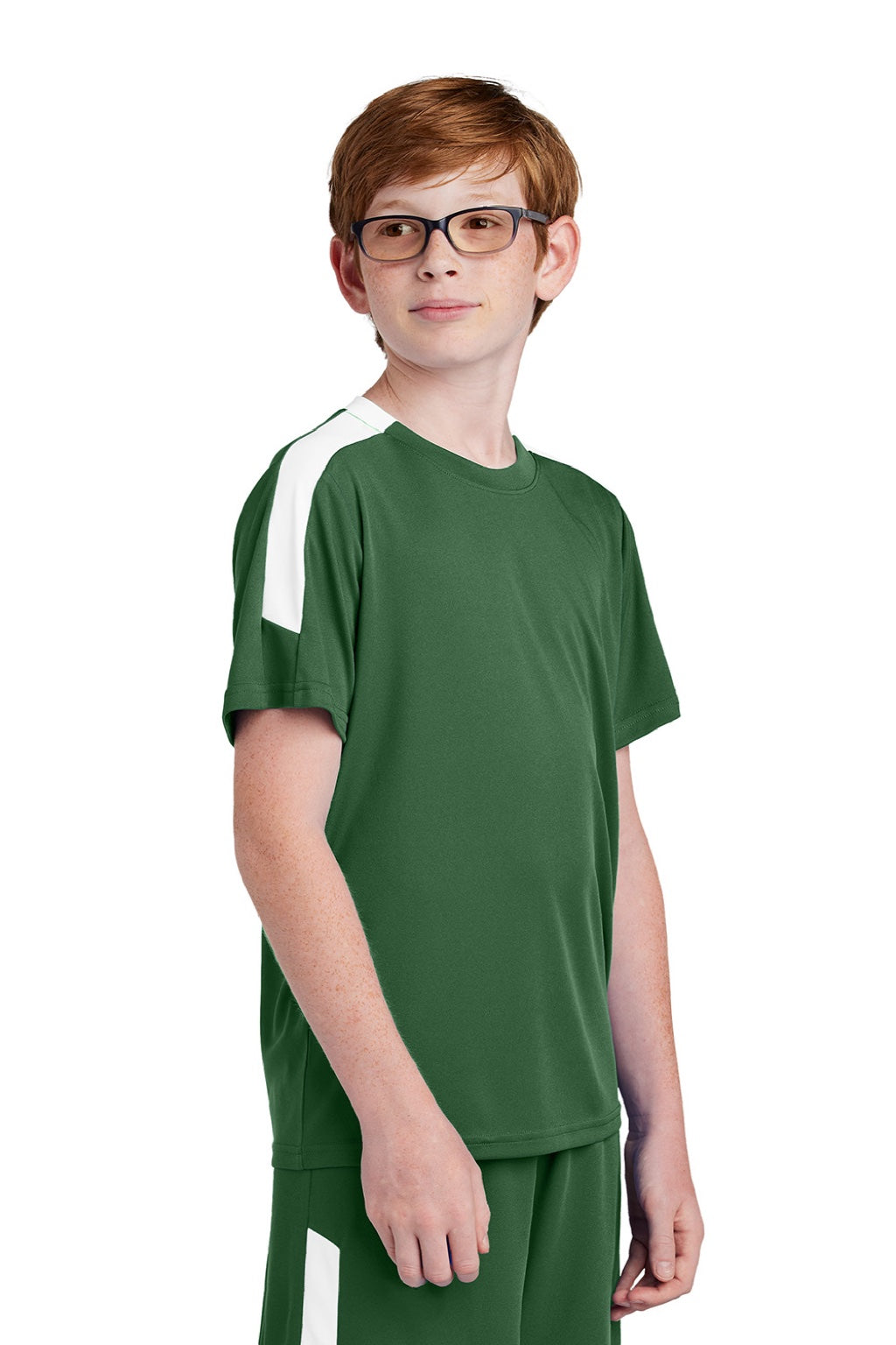 Sport-Tek YST100 Youth Moisture Wicking Competitor United Short Sleeve Crewneck T-Shirt Forest Green/White Model Side