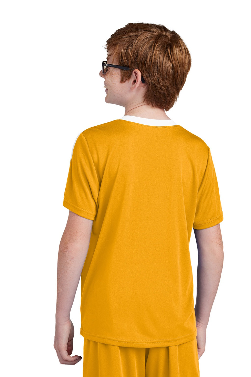 Sport-Tek YST100 Youth Moisture Wicking Competitor United Short Sleeve Crewneck T-Shirt Gold/White Model Back