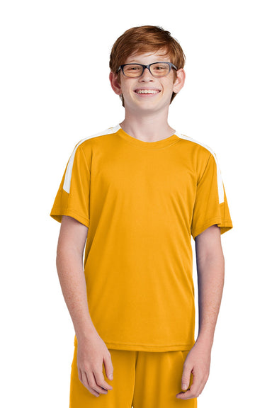 Sport-Tek YST100 Youth Moisture Wicking Competitor United Short Sleeve Crewneck T-Shirt Gold/White Model Front