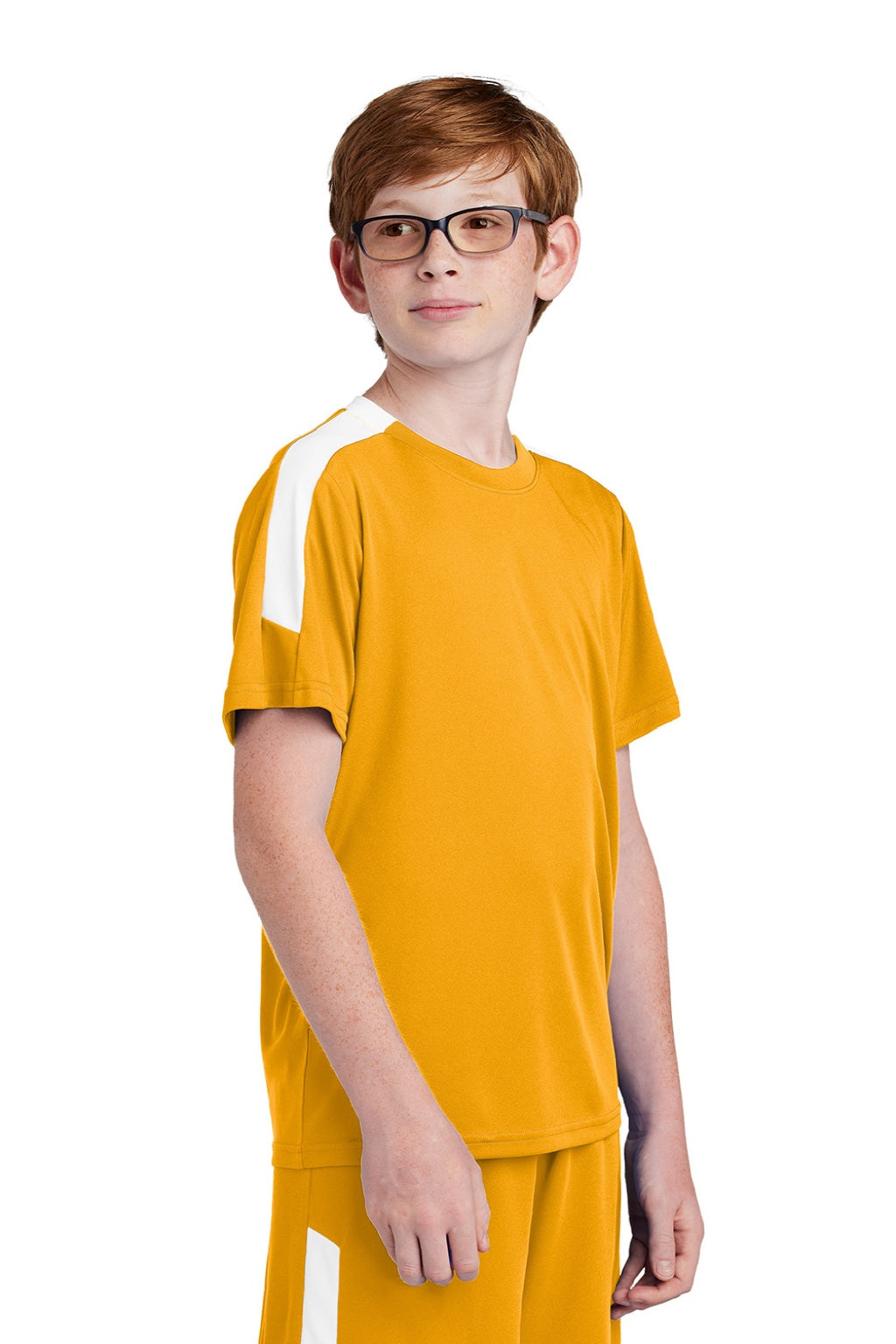 Sport-Tek YST100 Youth Moisture Wicking Competitor United Short Sleeve Crewneck T-Shirt Gold/White Model Side