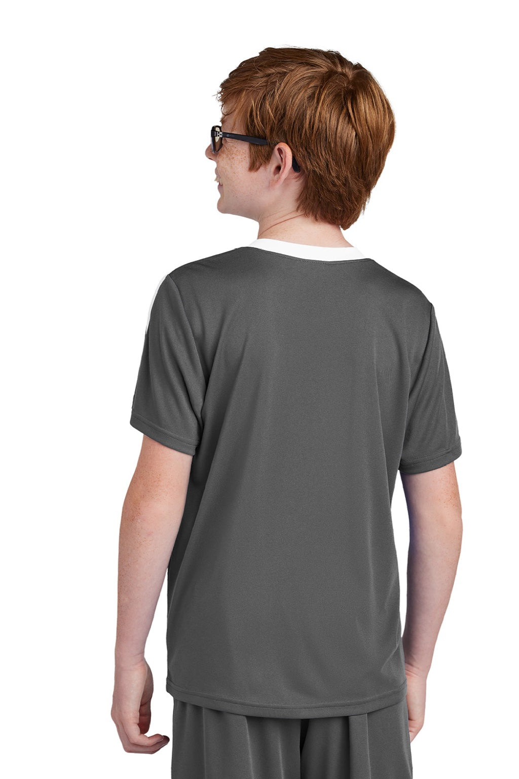 Sport-Tek YST100 Youth Moisture Wicking Competitor United Short Sleeve Crewneck T-Shirt Iron Grey/White Model Back