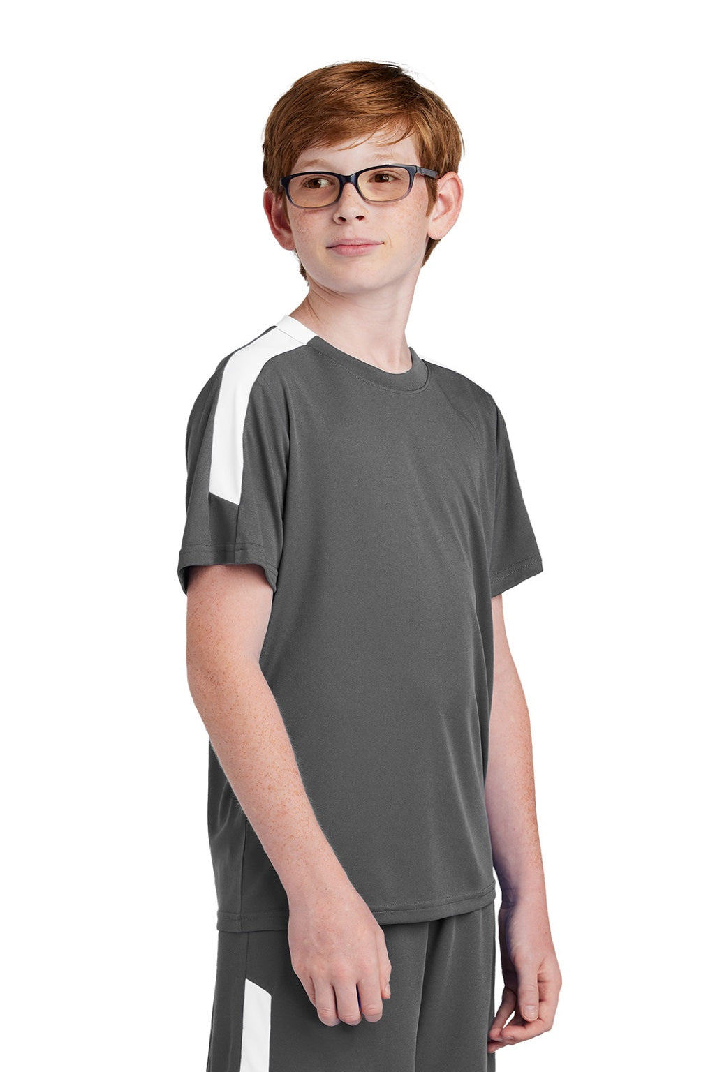 Sport-Tek YST100 Youth Moisture Wicking Competitor United Short Sleeve Crewneck T-Shirt Iron Grey/White Model Side
