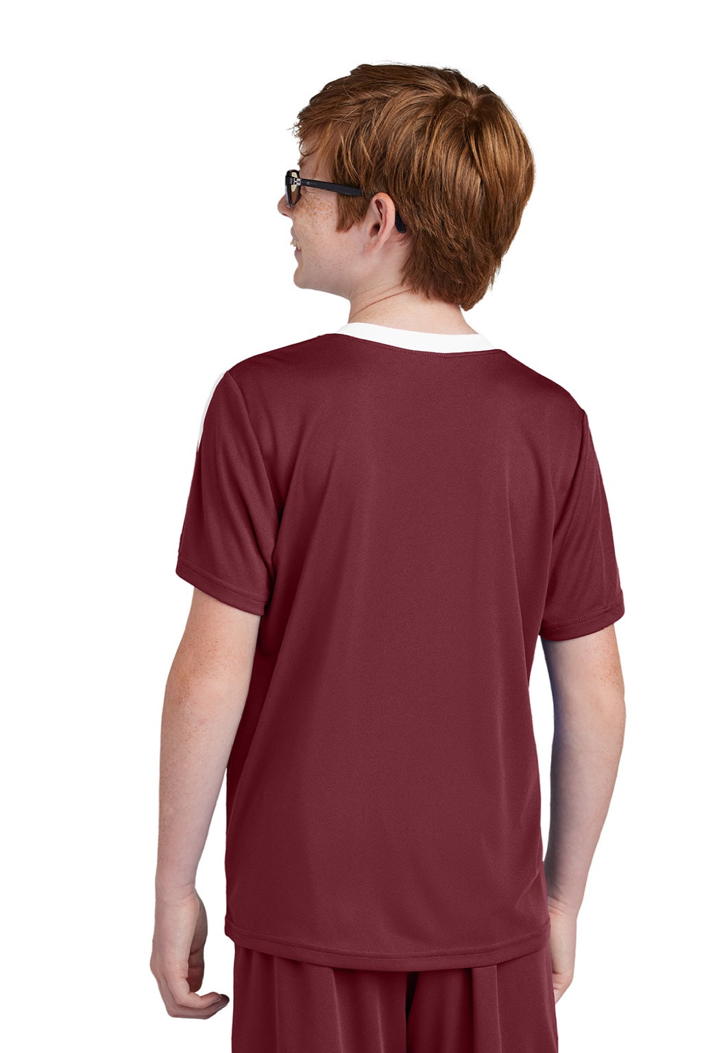 Sport-Tek YST100 Youth Moisture Wicking Competitor United Short Sleeve Crewneck T-Shirt Maroon/White Model Back