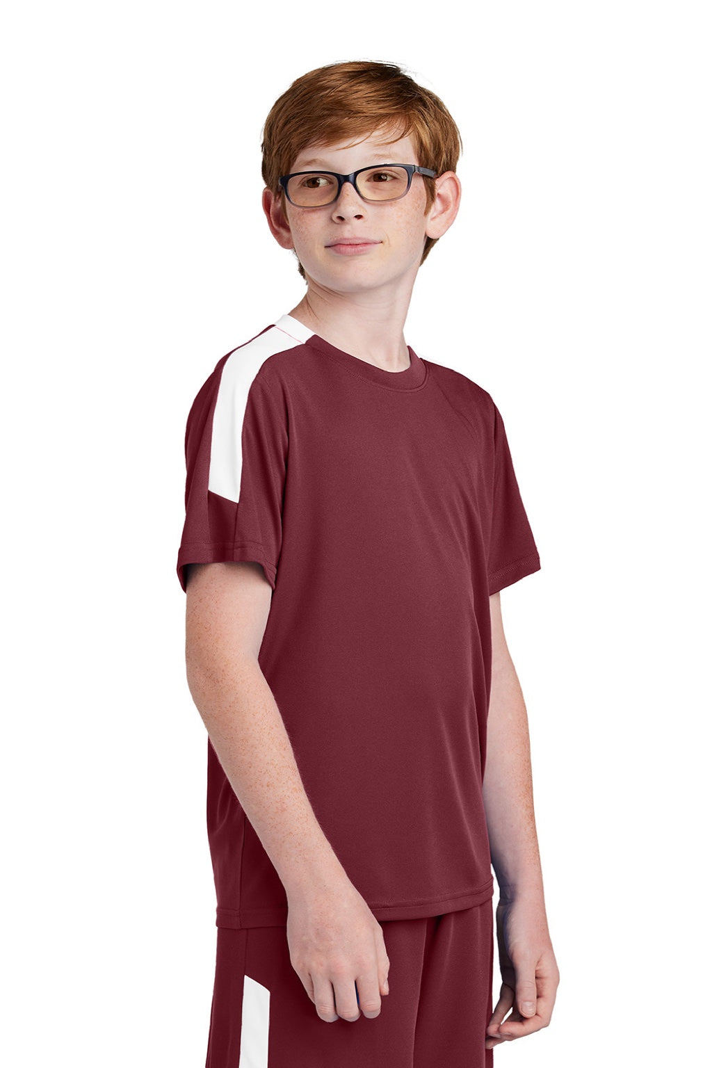 Sport-Tek YST100 Youth Moisture Wicking Competitor United Short Sleeve Crewneck T-Shirt Maroon/White Model Side