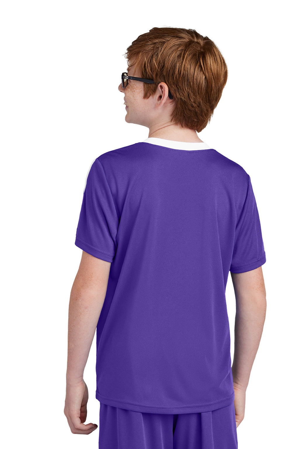 Sport-Tek YST100 Youth Moisture Wicking Competitor United Short Sleeve Crewneck T-Shirt Purple/White Model Back