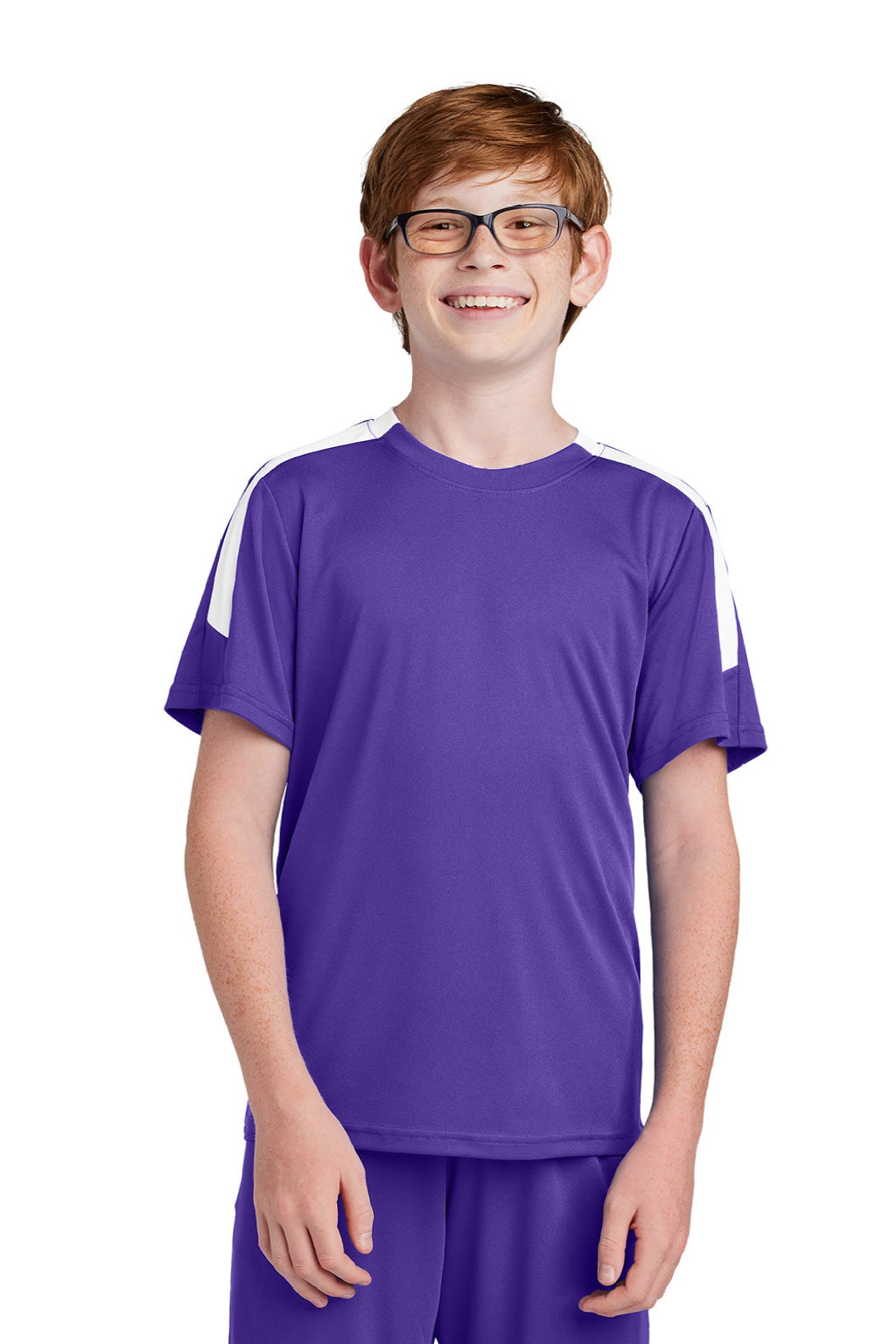 Sport-Tek YST100 Youth Moisture Wicking Competitor United Short Sleeve Crewneck T-Shirt Purple/White Model Front