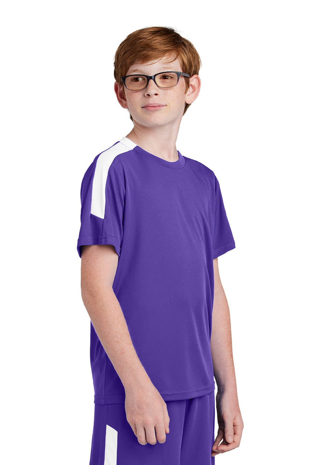 Sport-Tek YST100 Youth Moisture Wicking Competitor United Short Sleeve Crewneck T-Shirt Purple/White Model Side