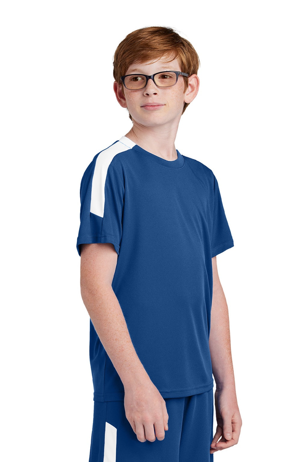 Sport-Tek YST100 Youth Moisture Wicking Competitor United Short Sleeve Crewneck T-Shirt Royal Blue/White Model Side