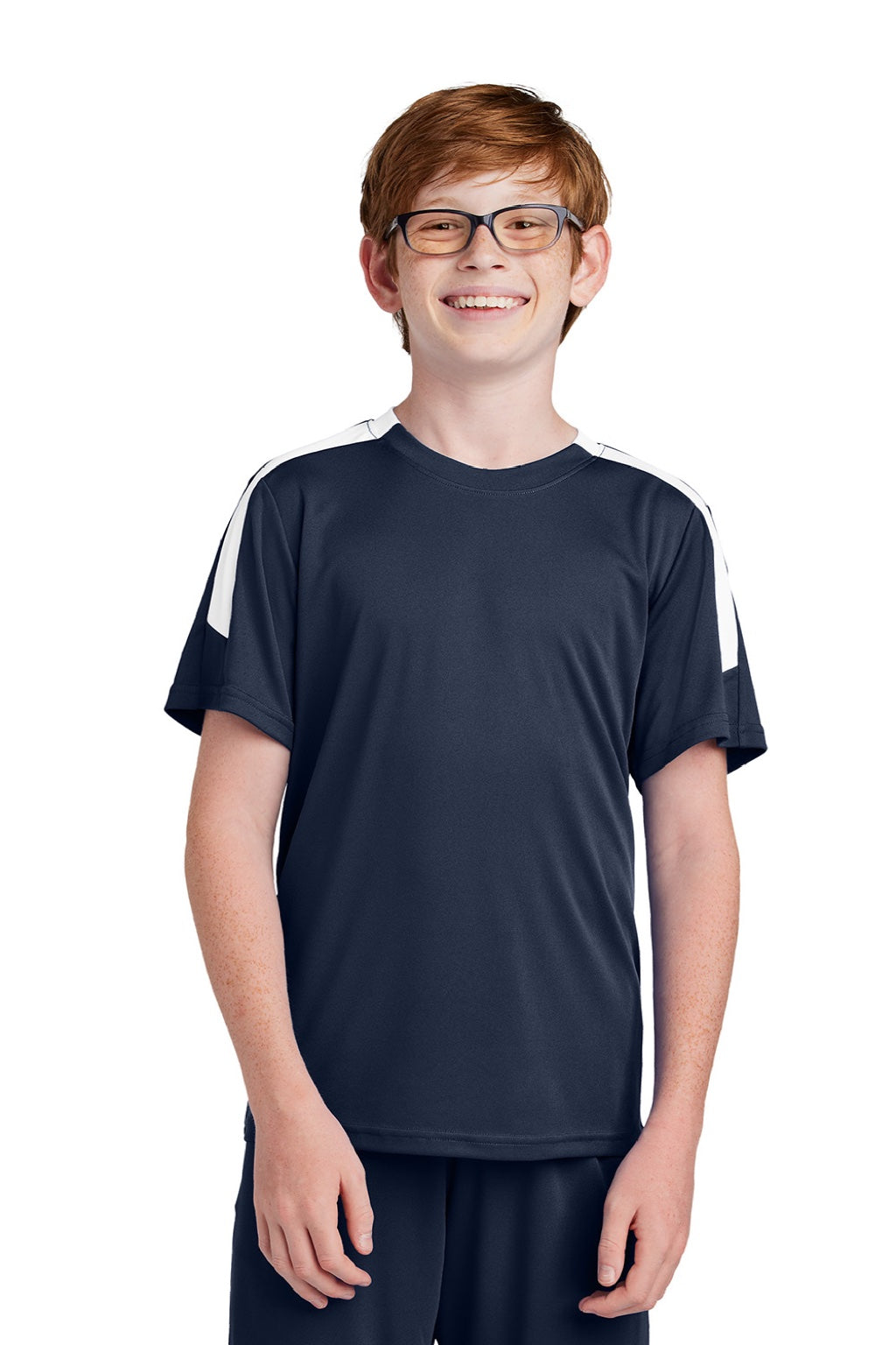 Sport-Tek YST100 Youth Moisture Wicking Competitor United Short Sleeve Crewneck T-Shirt True Navy Blue/White Model Front